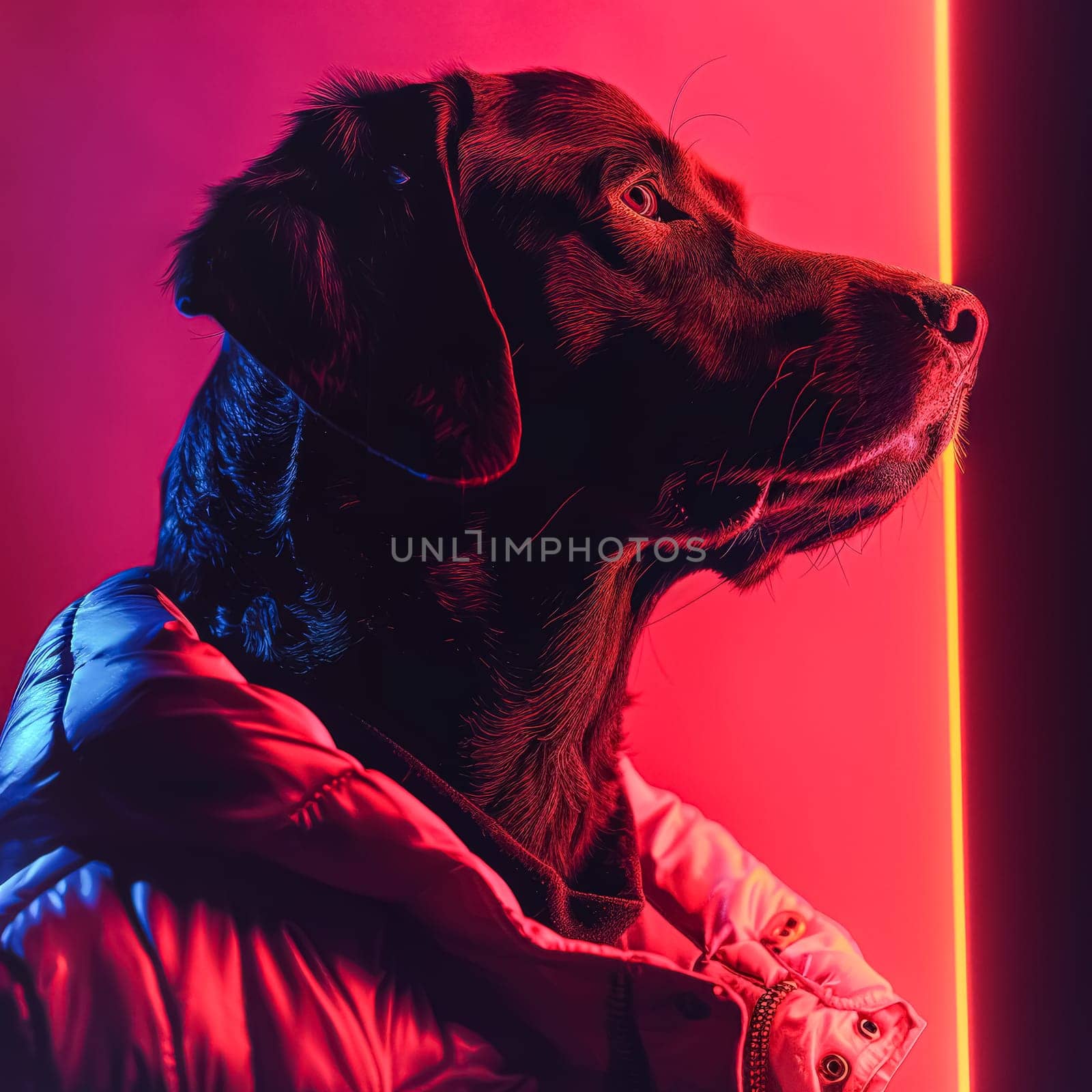 Black dog wearing glasses and a jacket stands in front of a red wall. The dog's eyes are closed, and it is looking at the camera. The image has a playful and whimsical mood