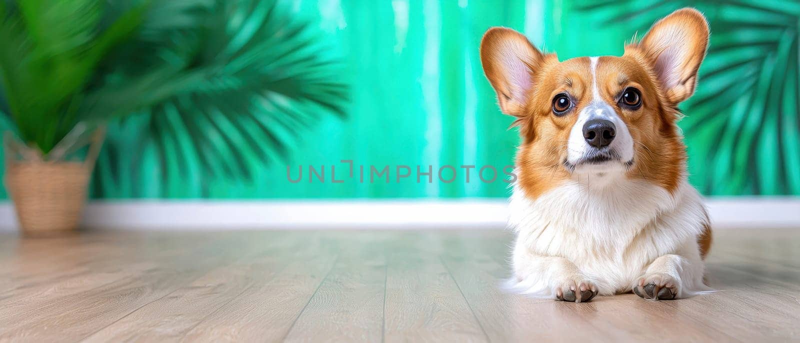 calm corgi resting on wooden floor in vibrant living room.