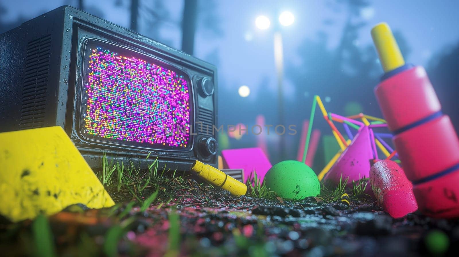 vintage television set surrounded by colorful geometric shapes evokes nostalgia and creativity.