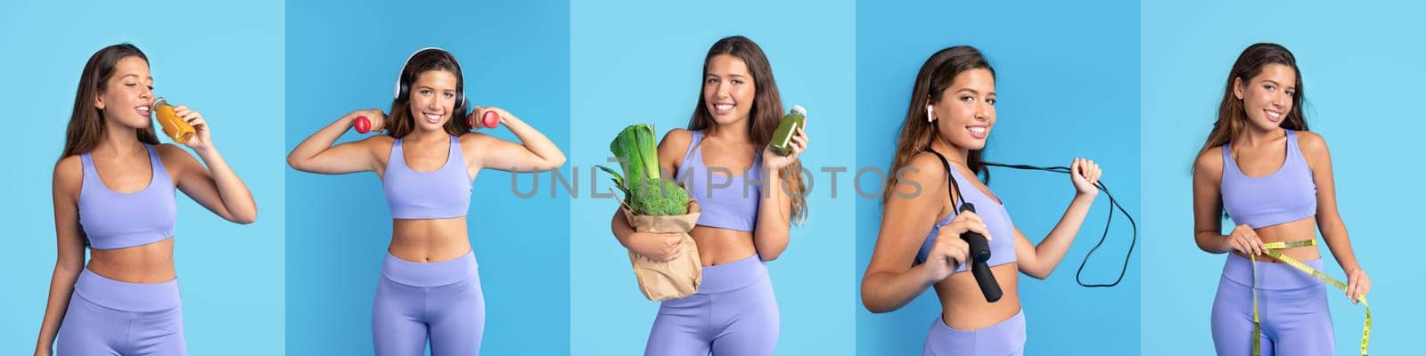 A woman demonstrates her commitment to fitness by enjoying a refreshing drink, exercising with weights, holding fresh vegetables, and skipping rope, all captured in a vibrant blue setting.
