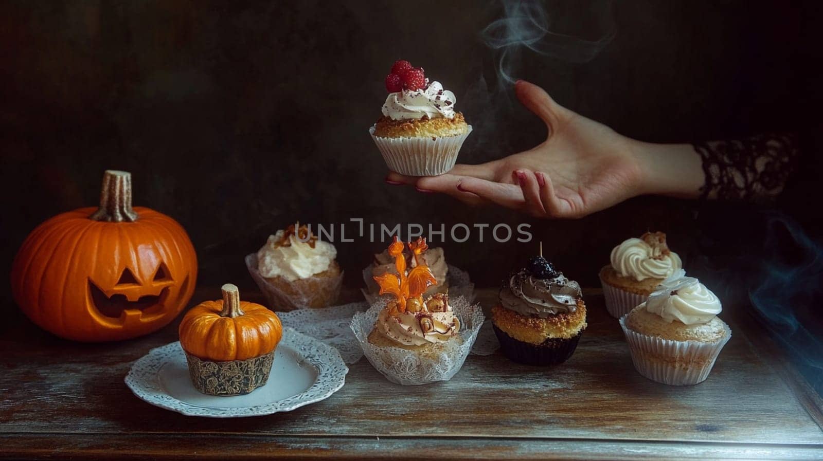 Spooky halloween themed desserts and drinks are arranged on a rustic wooden table, illuminated by the warm glow of candlelight, creating a festive atmosphere