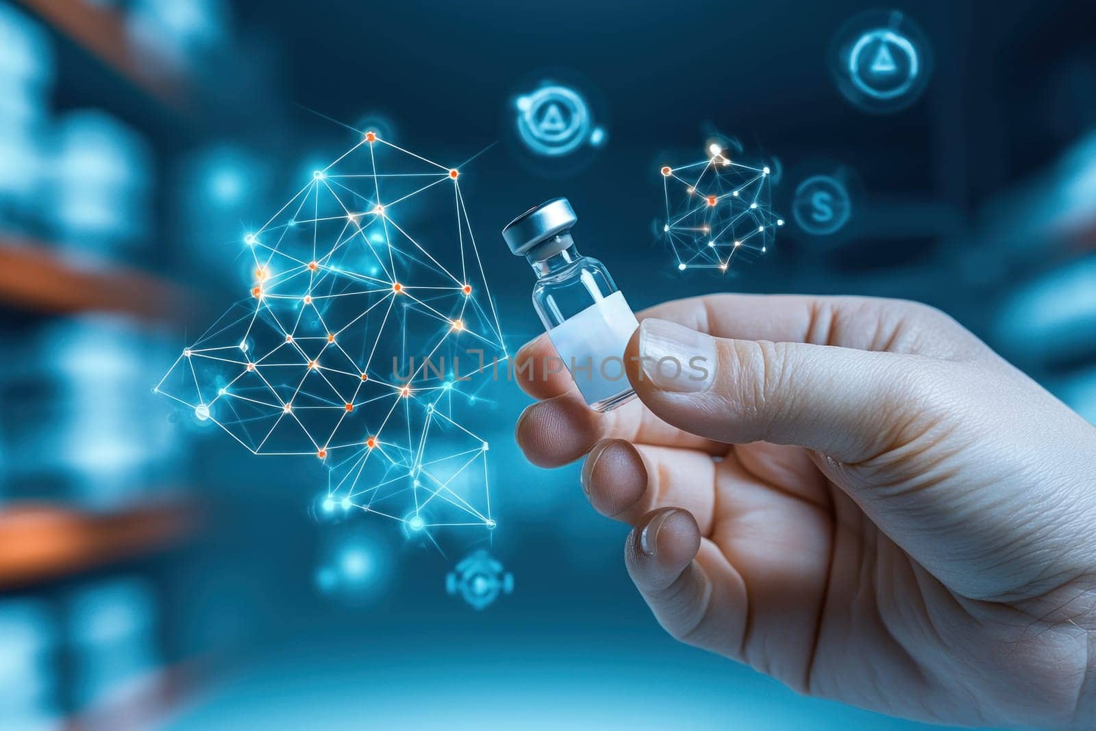 hand holding vial of vaccine with digital connections in background.