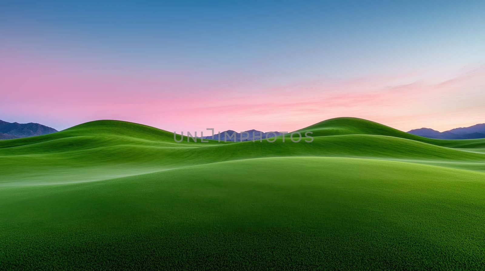 serene landscape with gentle rolling hills and colorful sky.