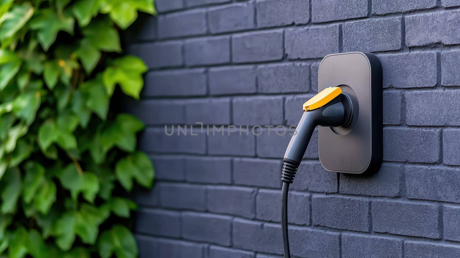 Charging station for electric vehicle on brick wall with greenery.