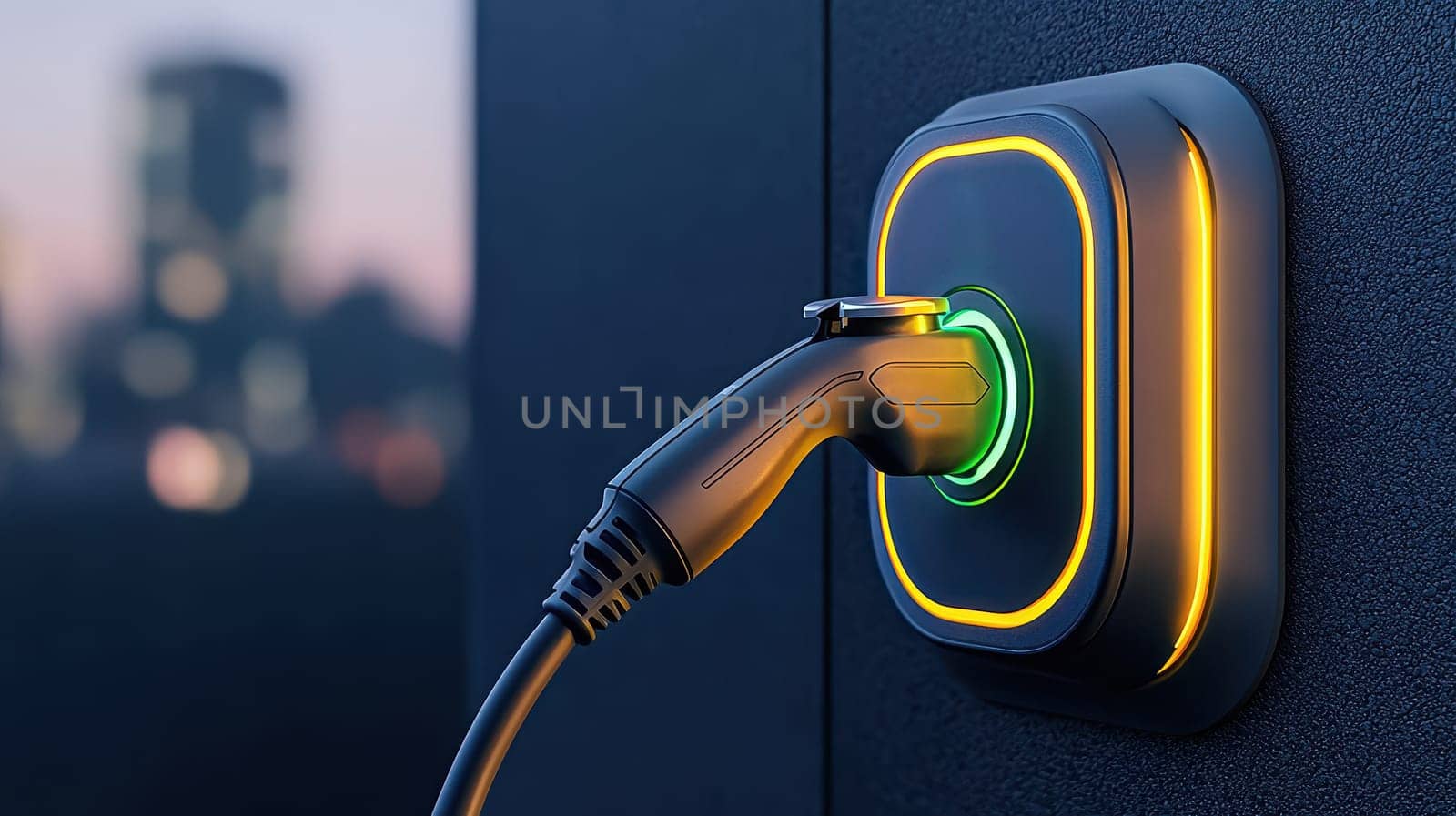 Charging station for electric vehicle with glowing indicator lights.