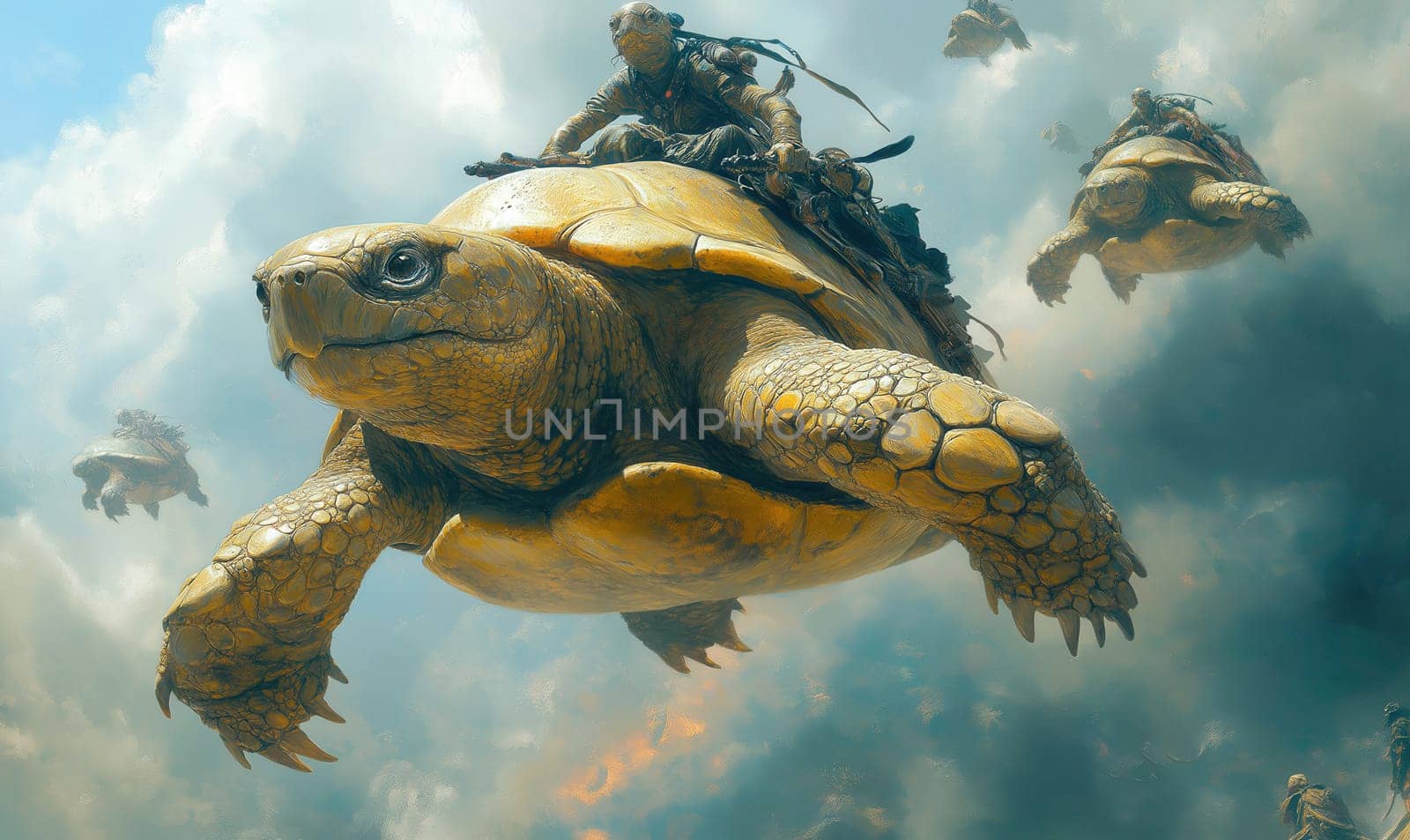 Fantasy flying huge turtles with riders. Selective focus.