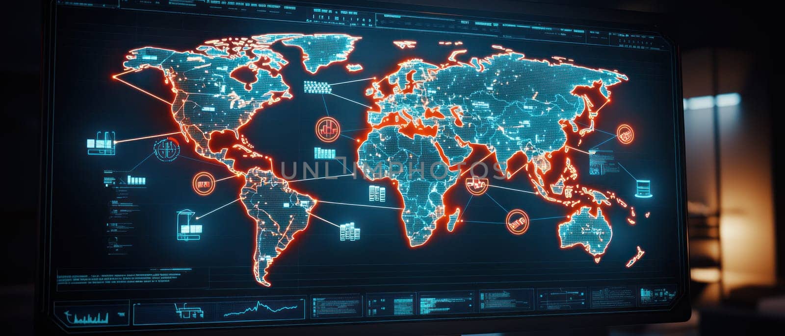 digital world map displayed on screen, showcasing data visualization and analytics.