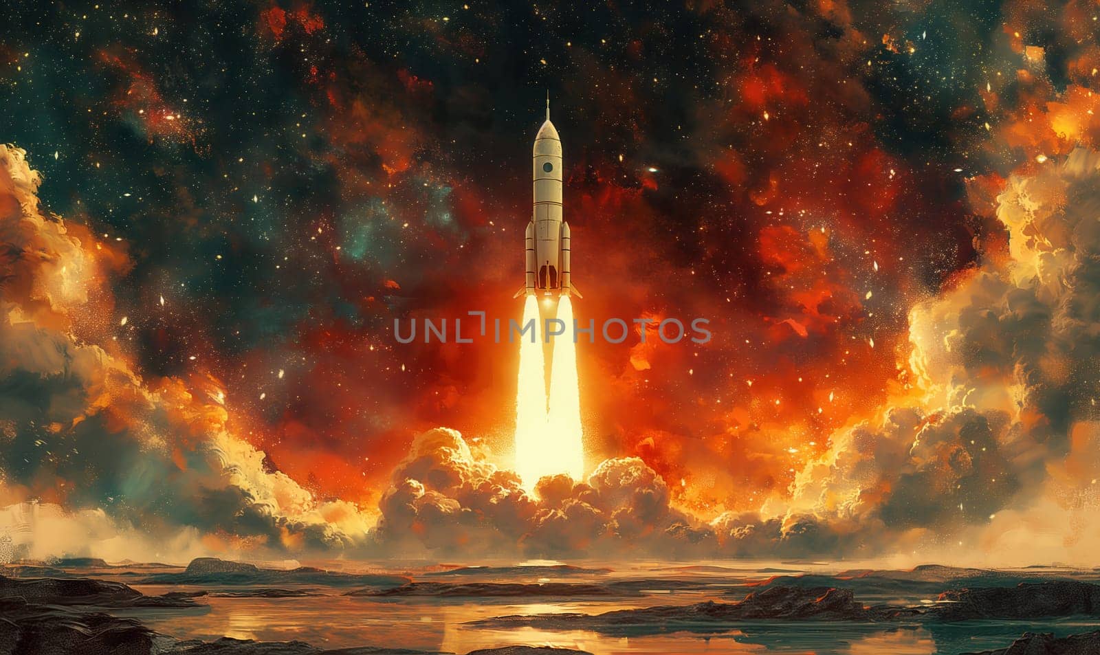 A rocket launches into the vibrant sky, surrounded by billowing clouds and a backdrop of distant stars. Selective focus.