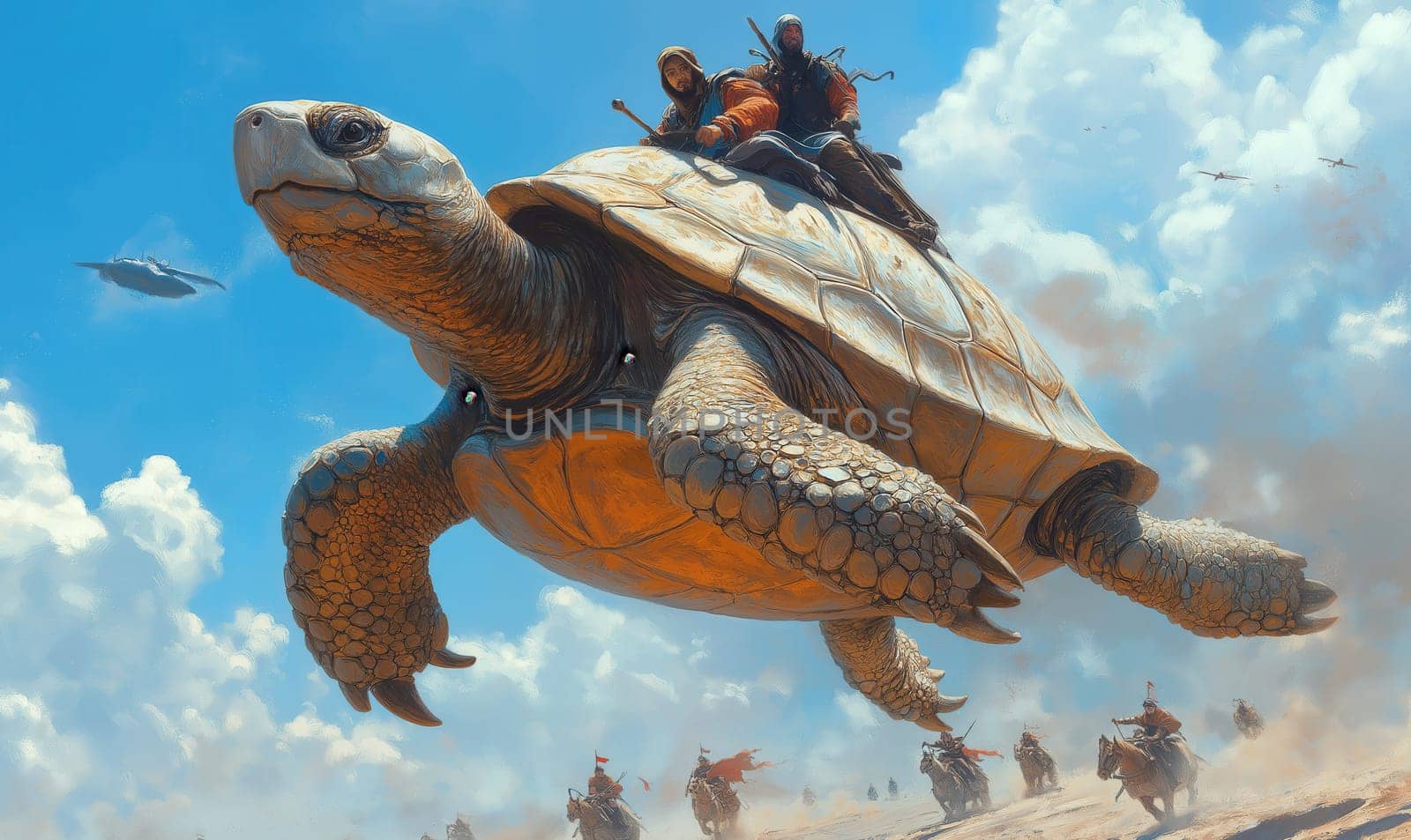 Fantasy flying huge turtles with riders. Selective focus.