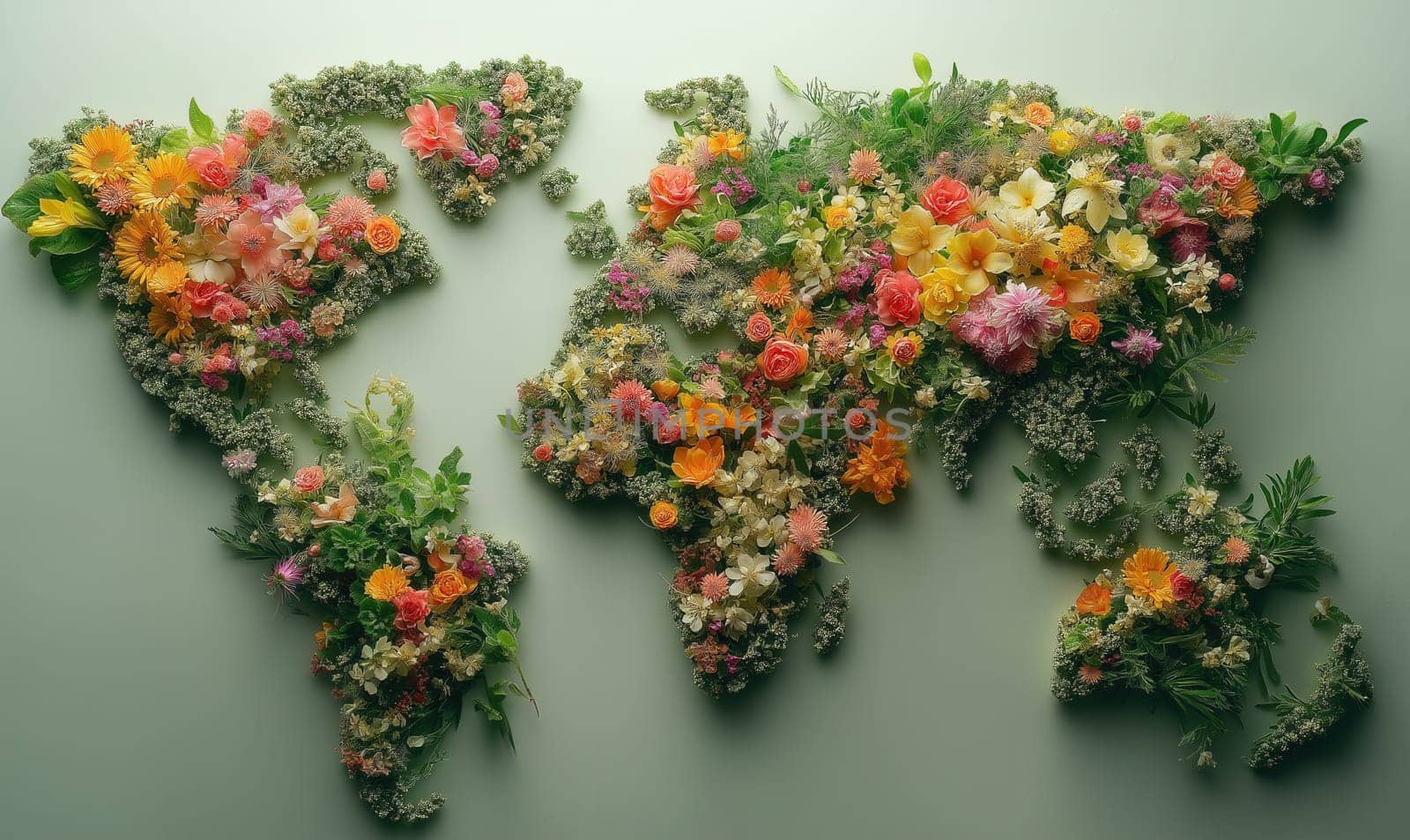 Creative design of a world map laid out of flowers, on a green background. Selective focus.