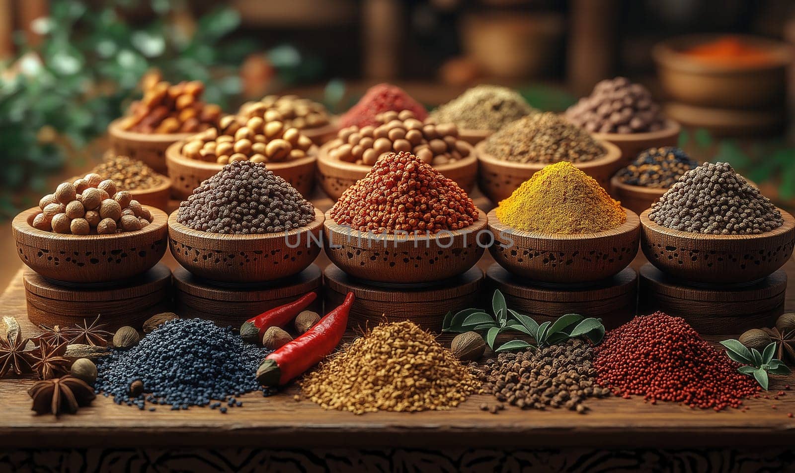 Fresh spices and herbs for food on table. Selective focus.