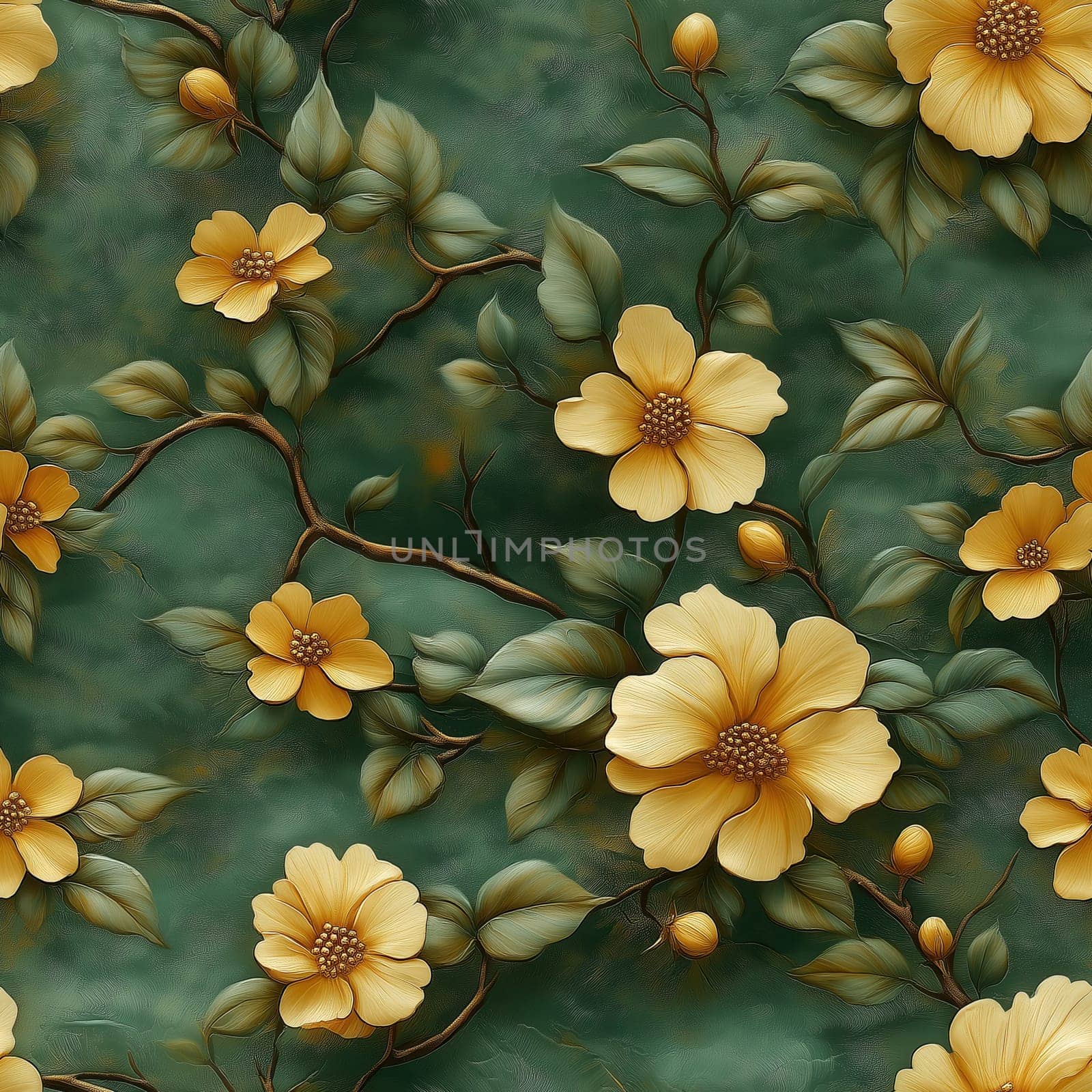 Seamless pattern with flowers on a green background. Selective focus.