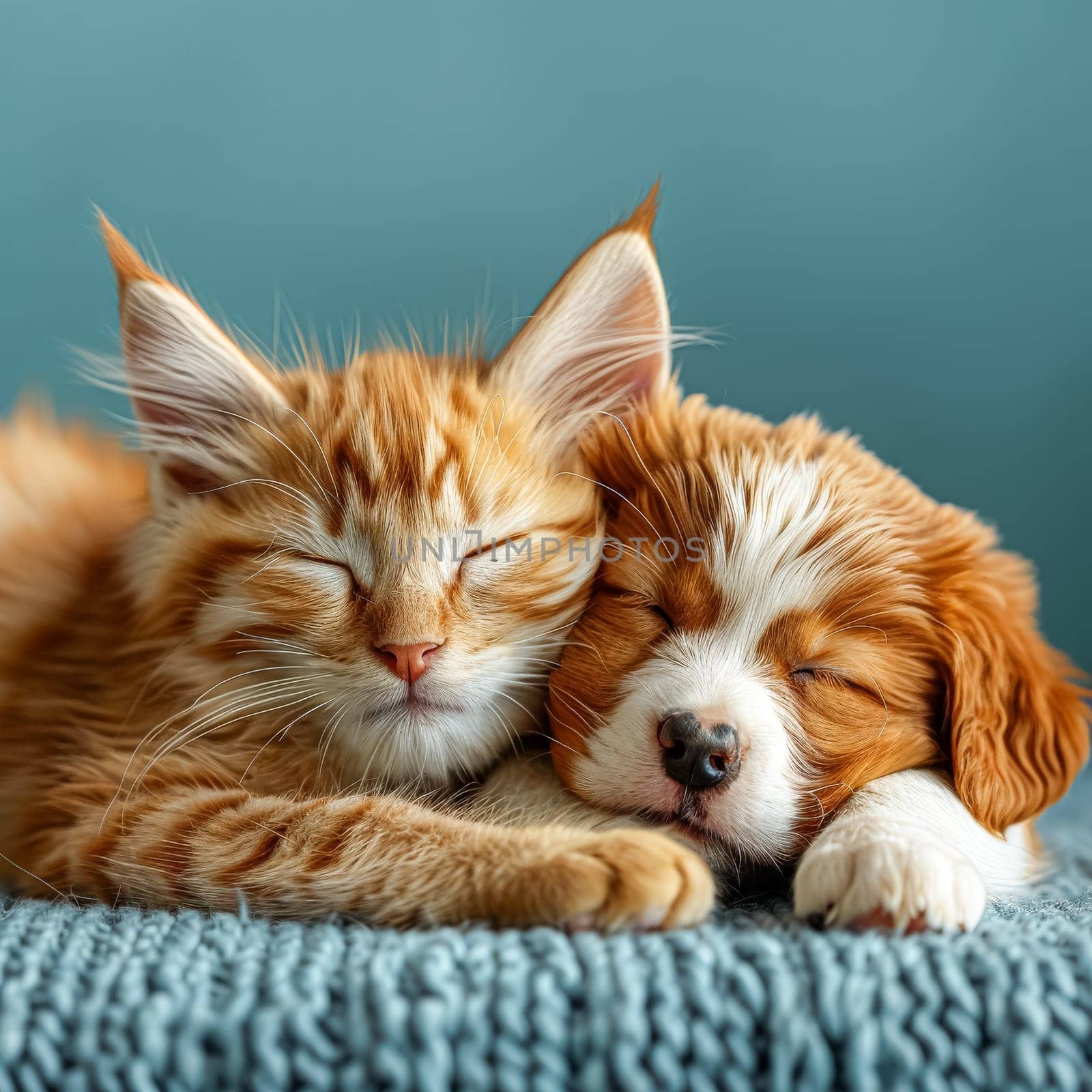 Cat and a dog are laying on a bed together. The cat is sleeping and the dog is looking at the camera