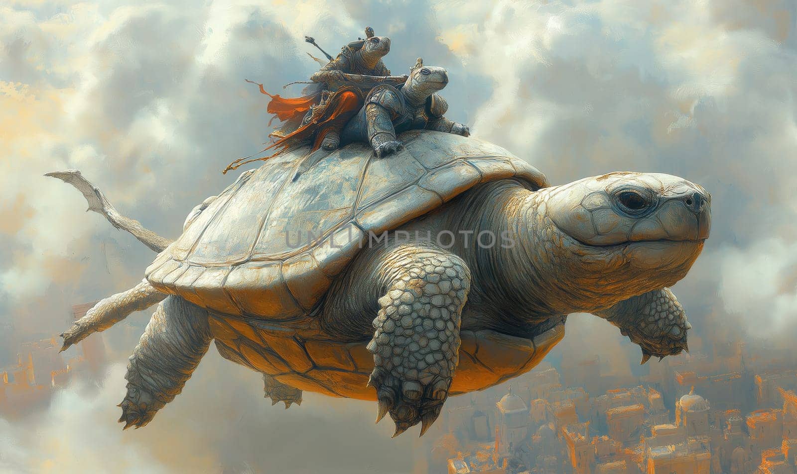 Fantasy flying huge turtles with riders. Selective focus.
