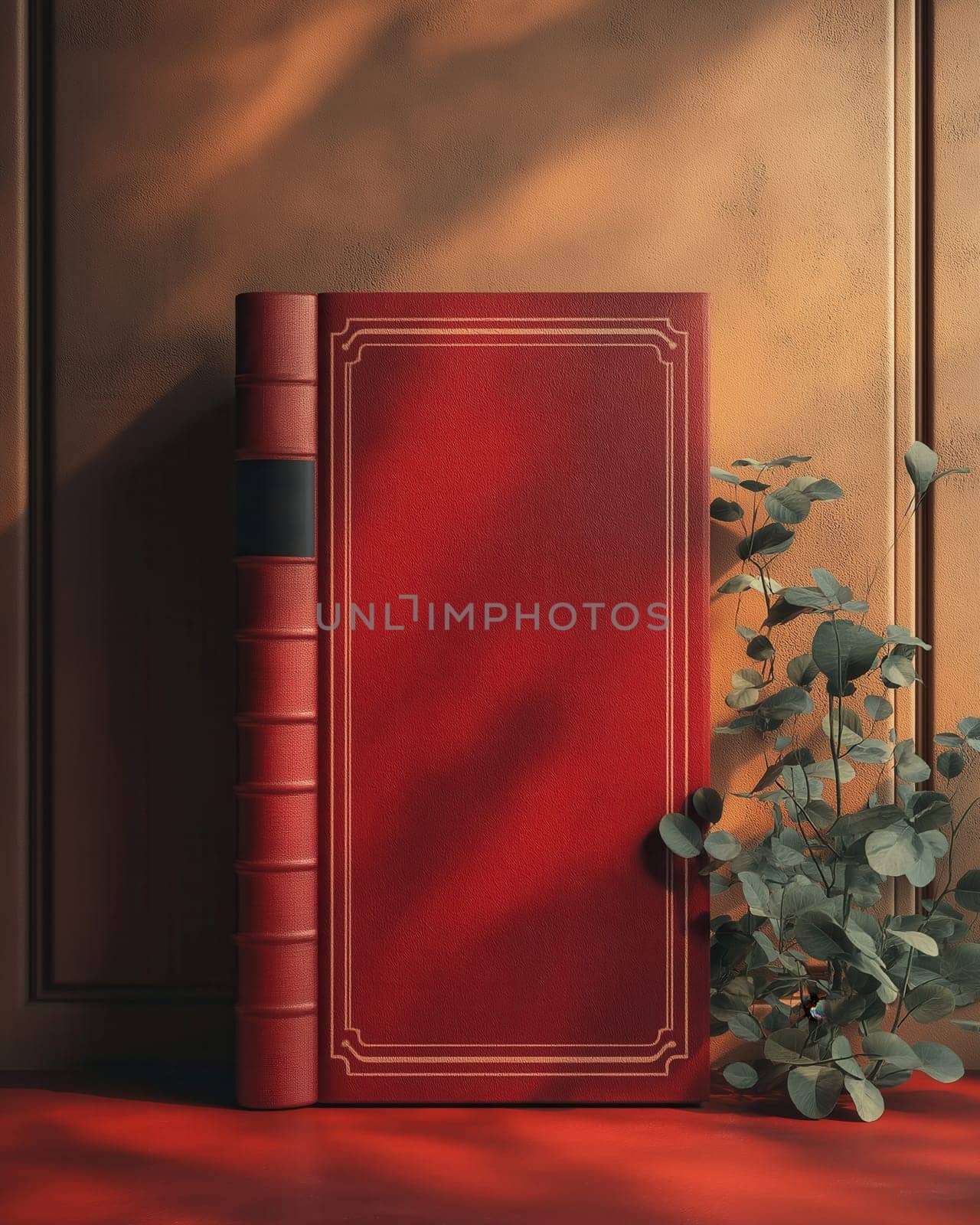 3D red book with blank cover stands on table. Selective focus.