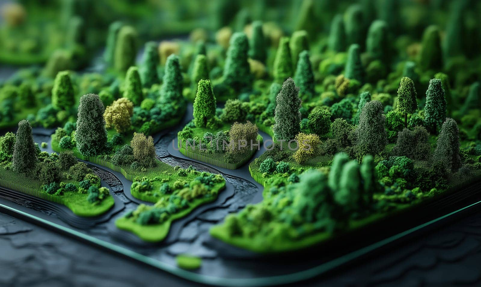 Miniature model of a city landscape with a green landscape, harmonious balance. Selective focus.