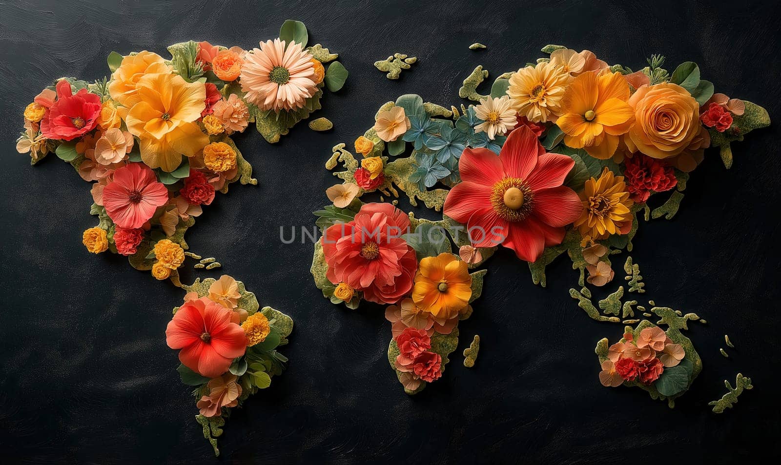 Creative design of a world map laid out of flowers, on a dark background. Selective focus.