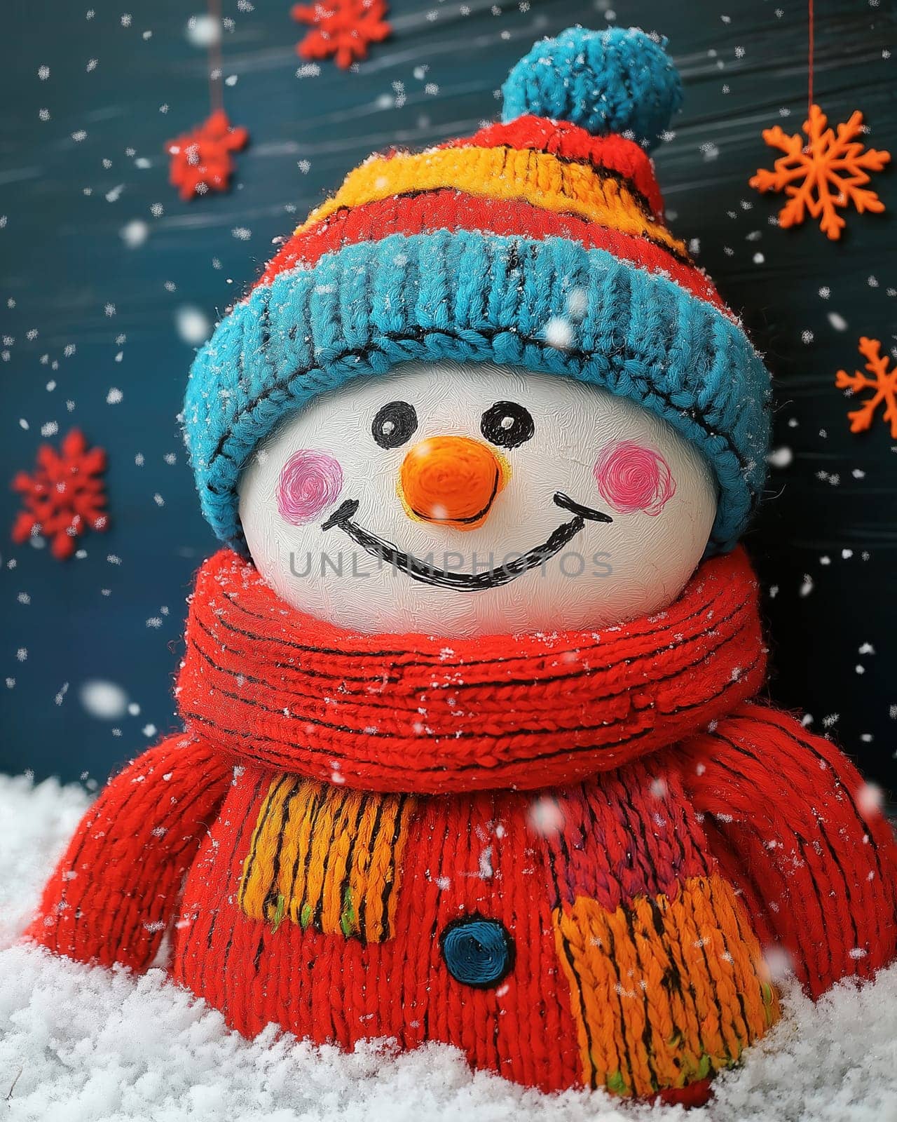 Illustration with a cheerful snowman on a snowy landscape. Selective focus.