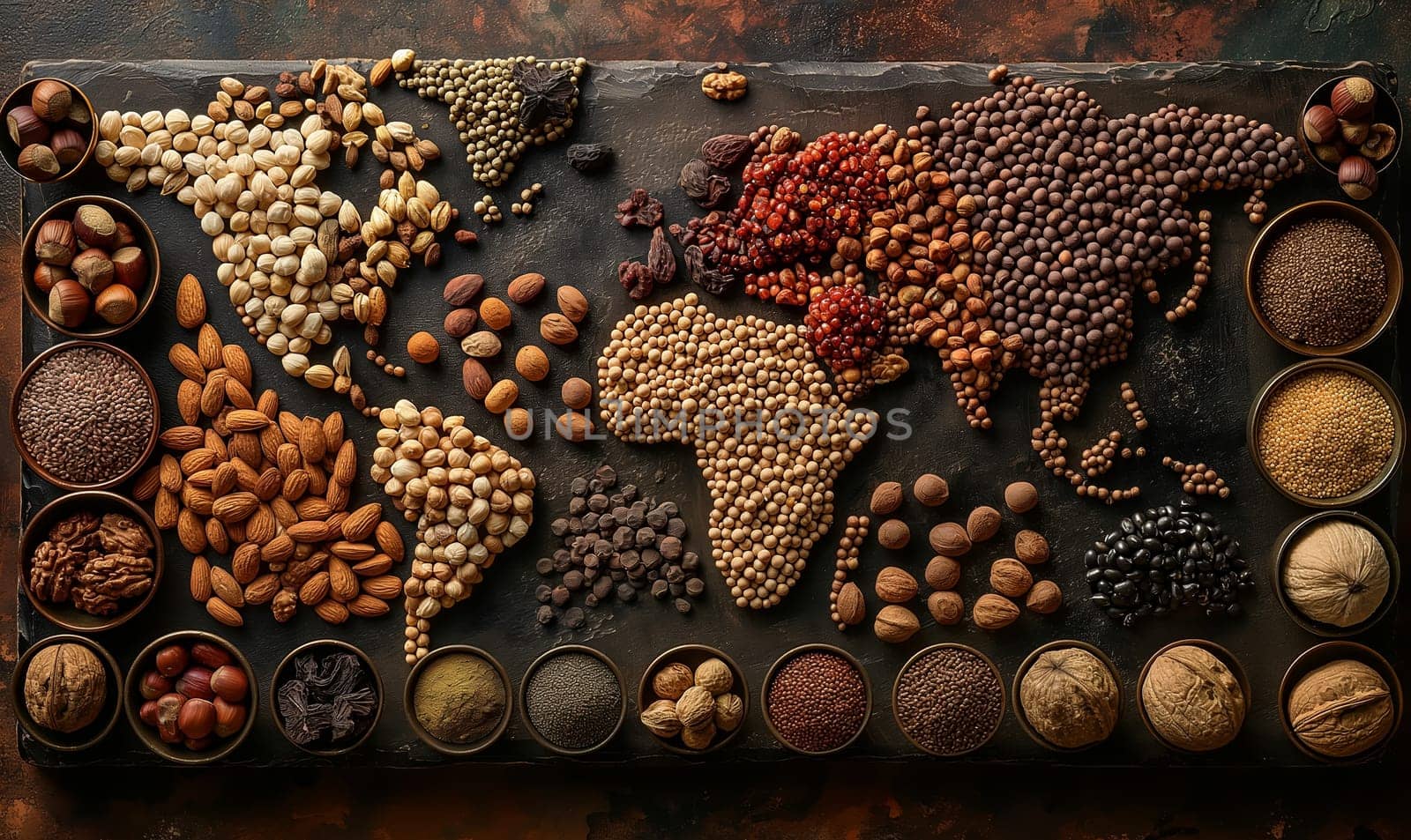 A world map laid out of nuts on a dark background. Selective focus.