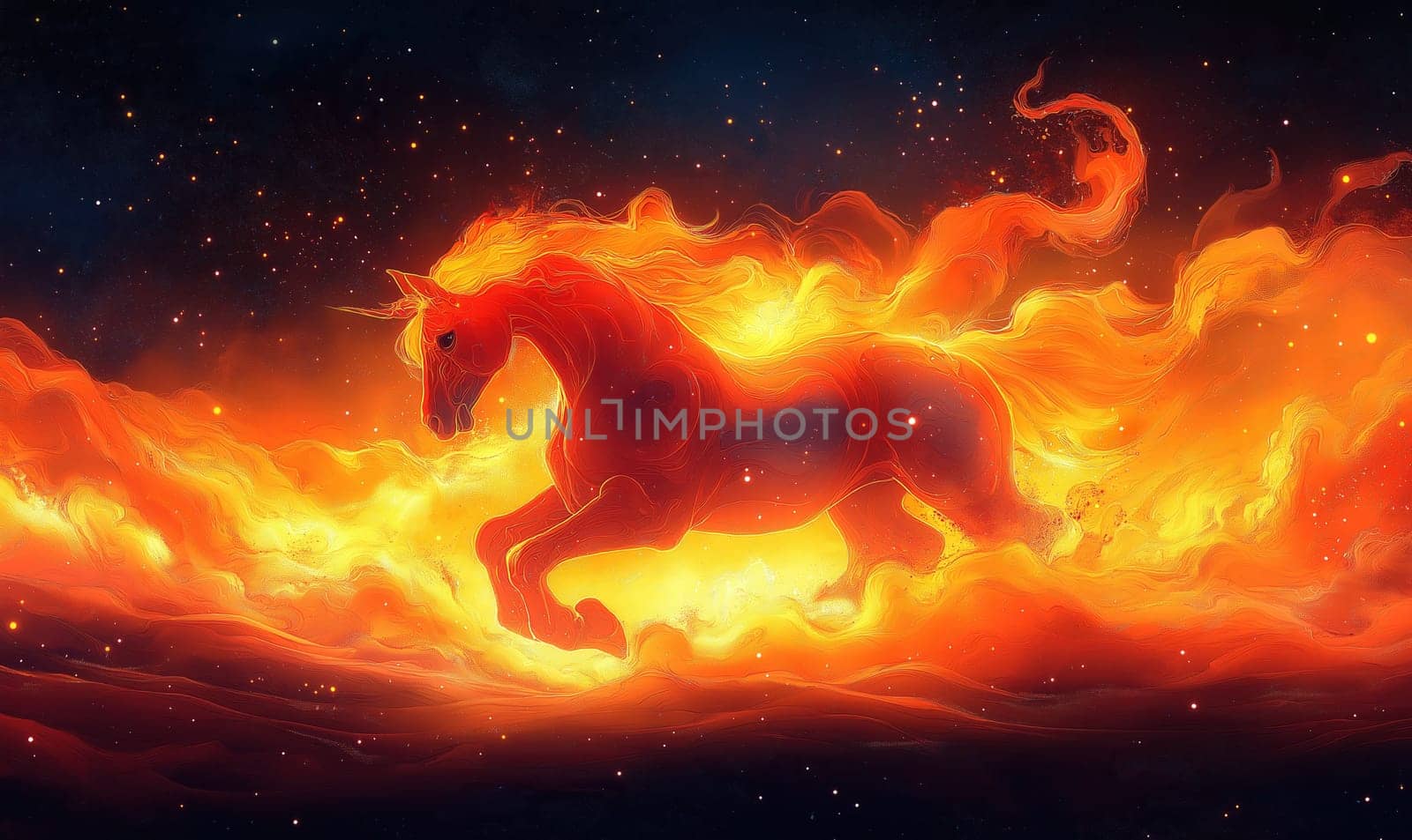 A majestic fiery horse on a dark background demonstrates its dynamic movements. Selective focus.