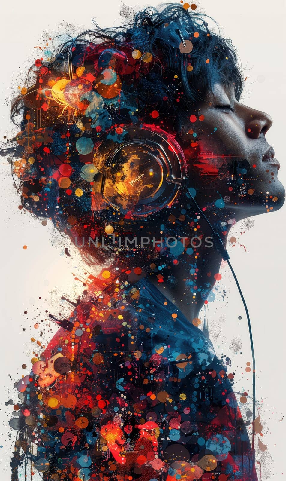 Creative colorful design, a man in headphones listening to music. Selective focus.