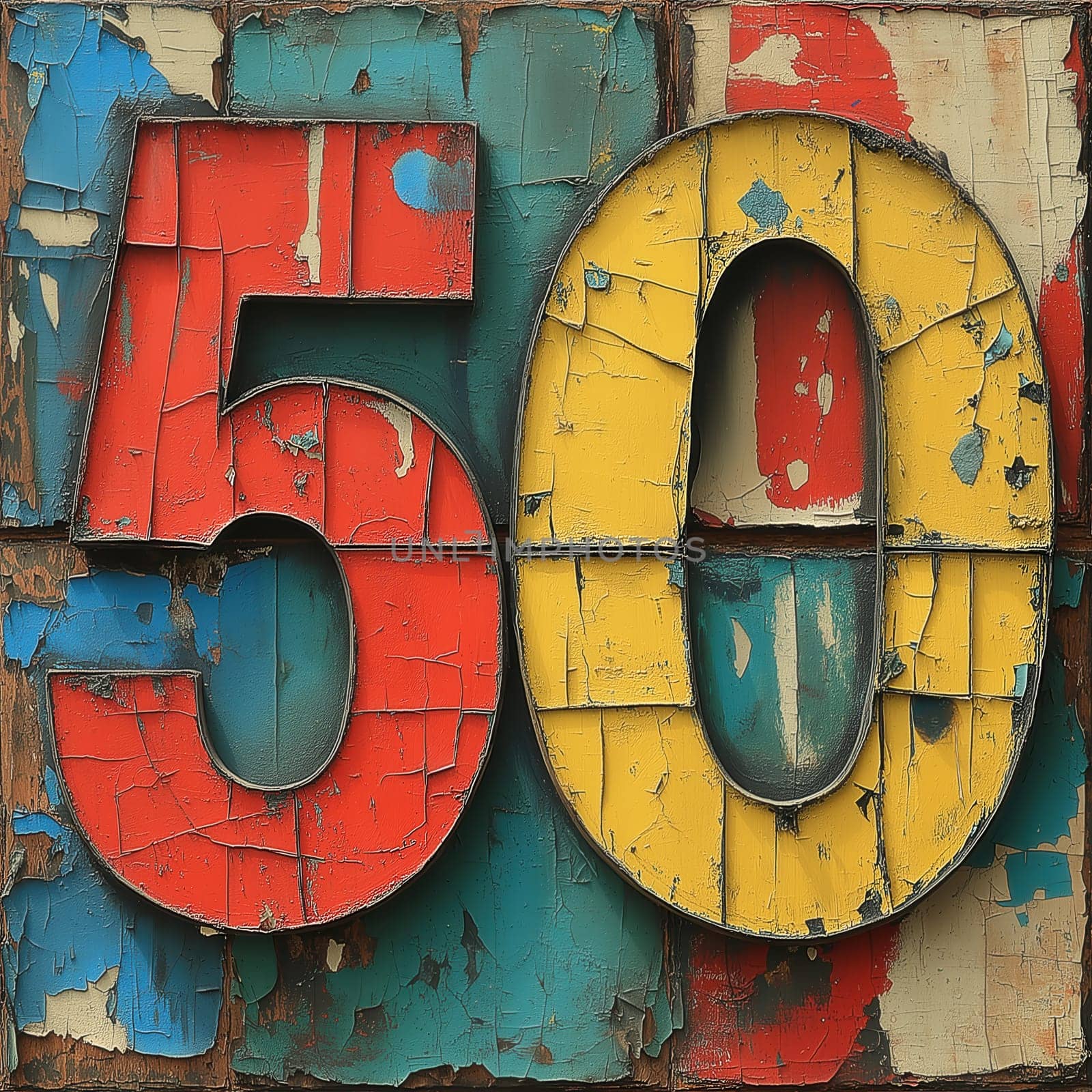 A vibrant abstract image of the number 50 on a textured colored background. Selective focus.