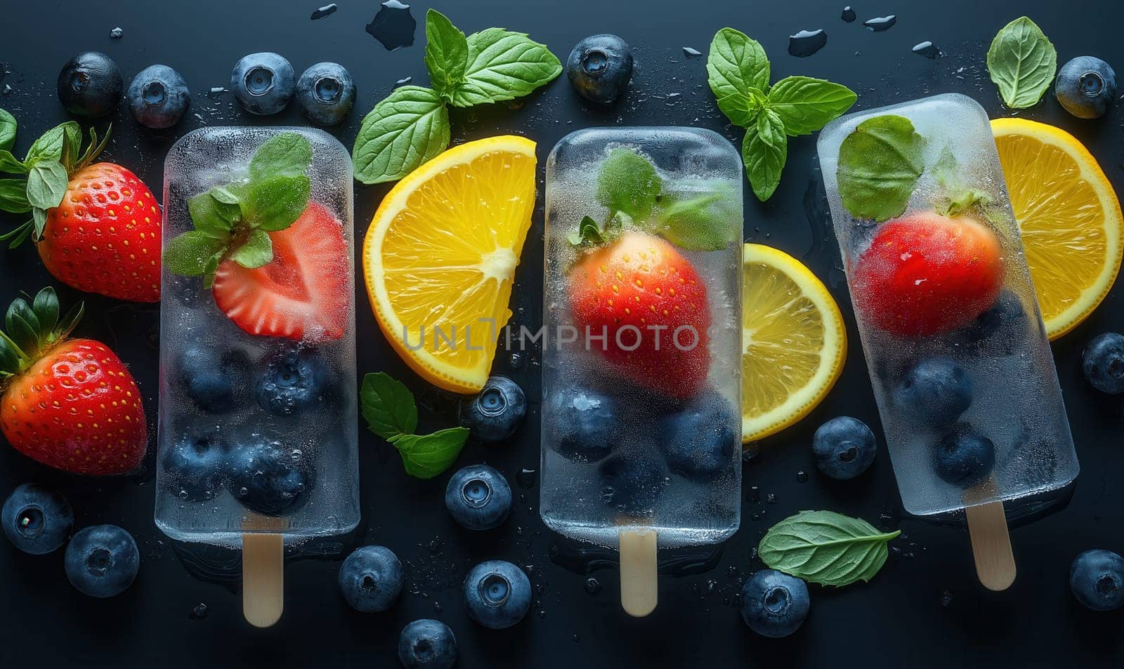 Fruit ice lolly, with berries and citrus slices on a dark background. Selective focus.