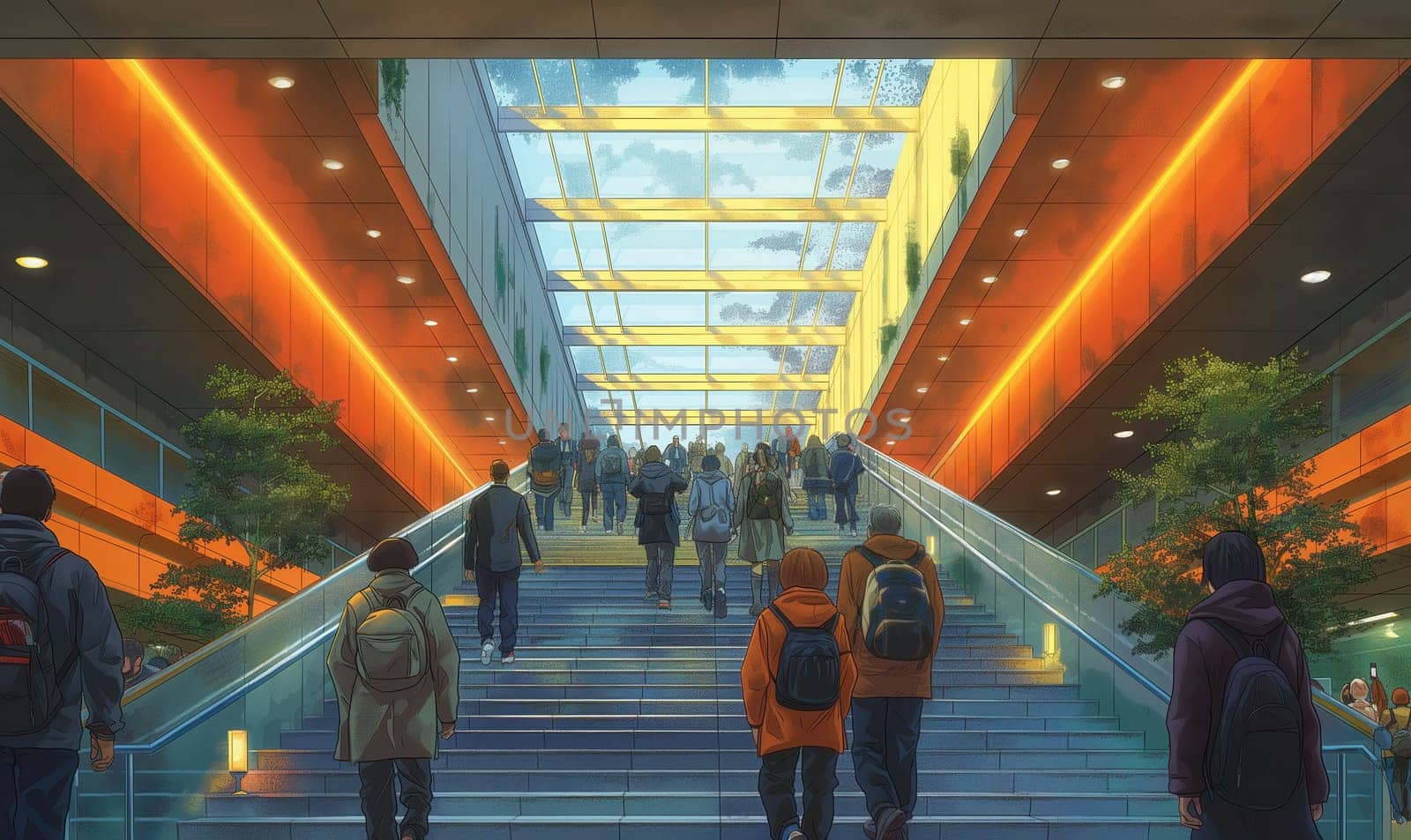 City life, people walk up the stairs, on an abstract background. Selective focus.