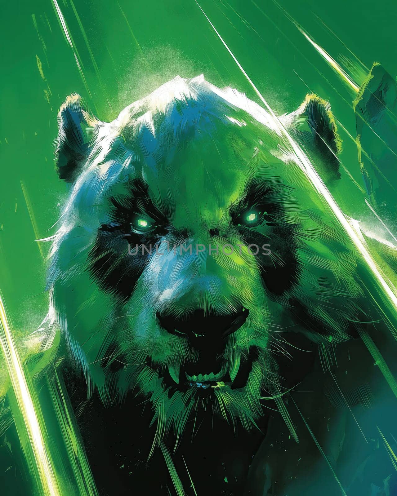 Illustration for children, angry panda bear on white background. Selective focus.