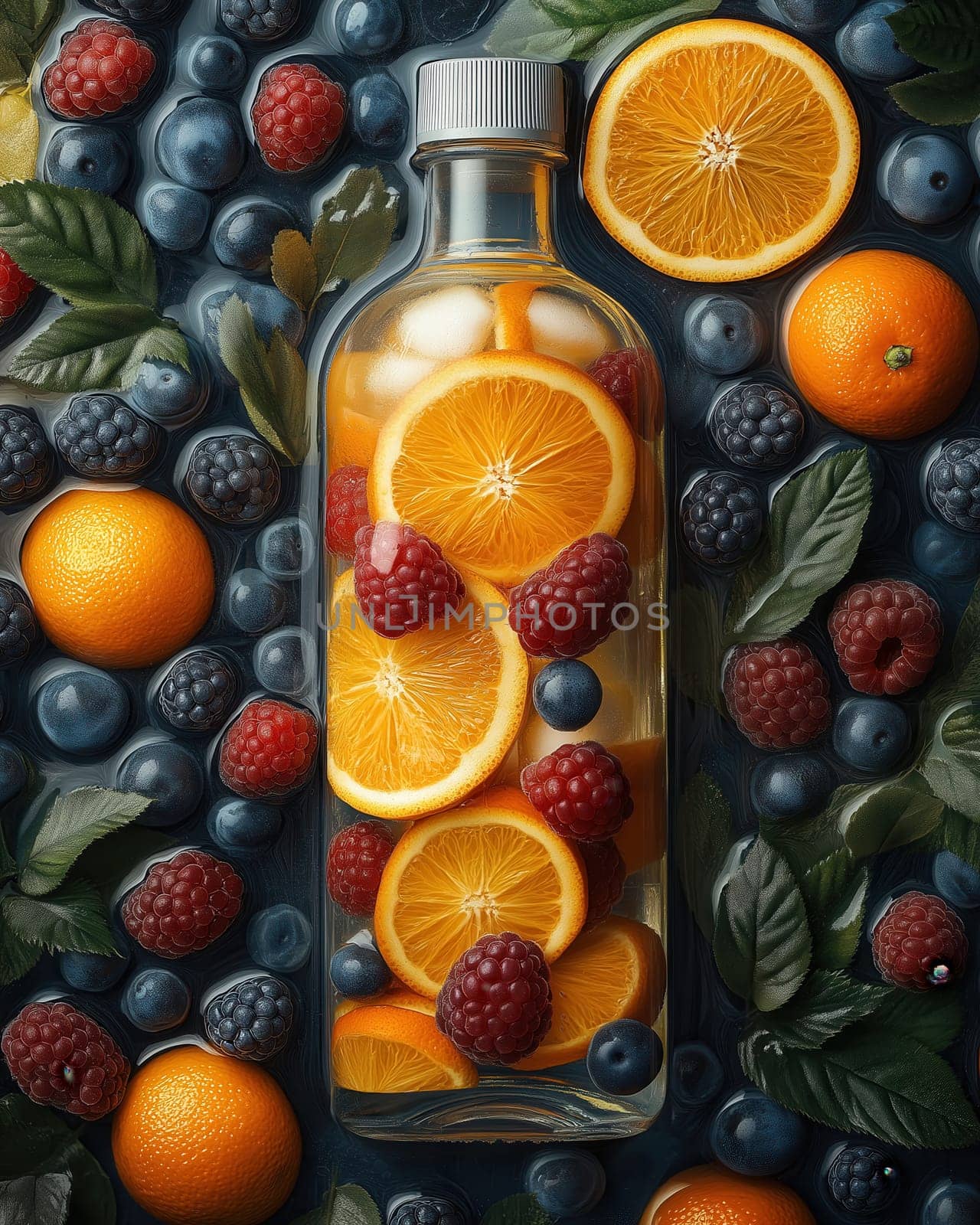 Glass bottle with drink filled with orange slices, berries. Selective focus.
