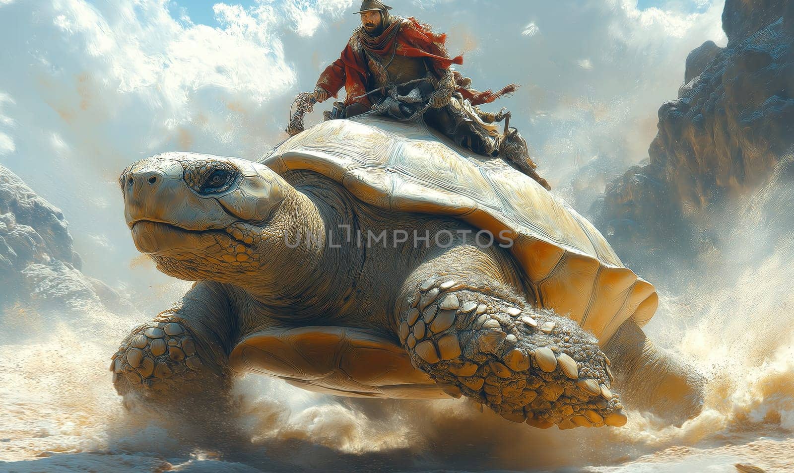 Fantasy flying huge turtles with riders. Selective focus.