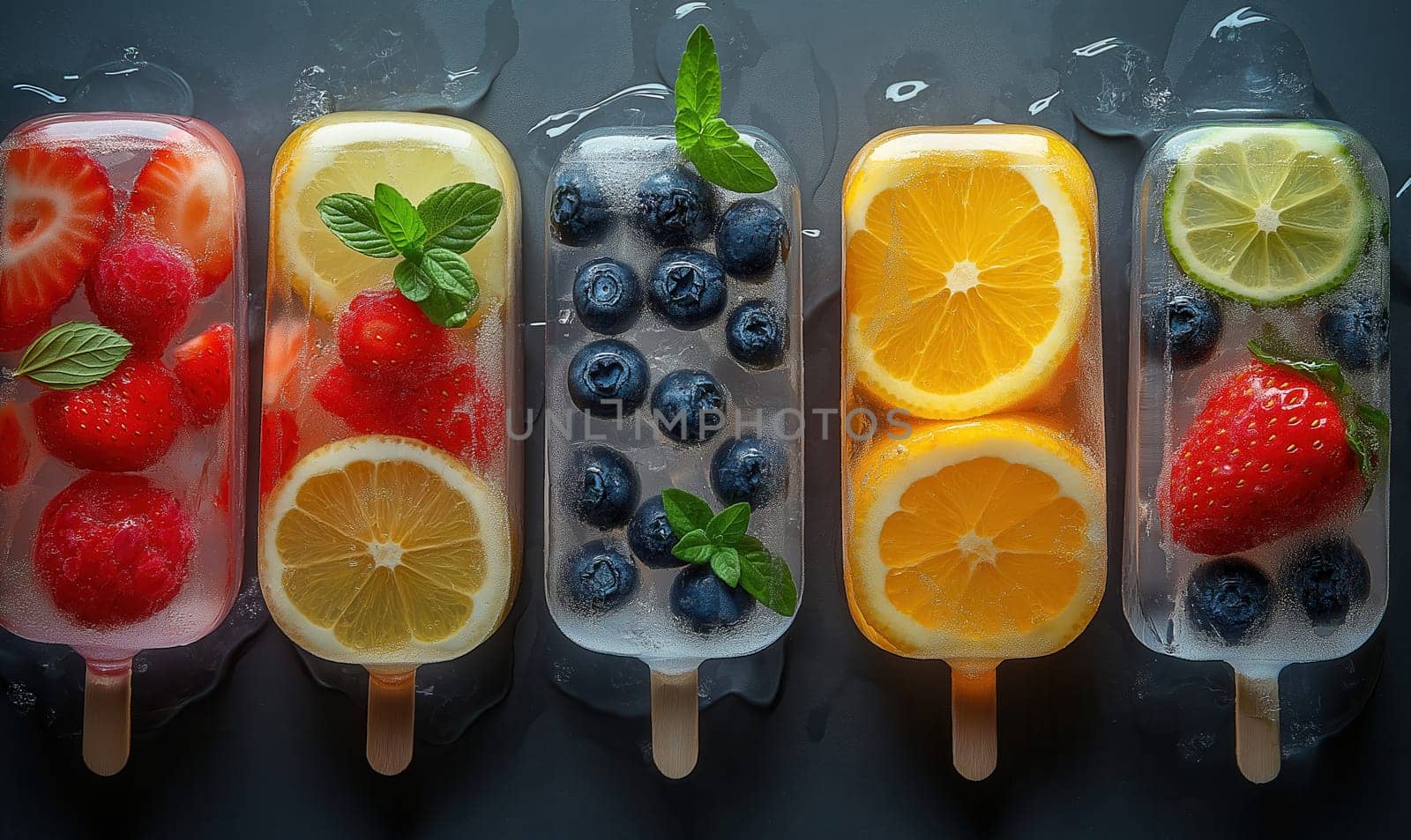 Fruit ice lolly, with berries and citrus slices on a dark background. Selective focus.
