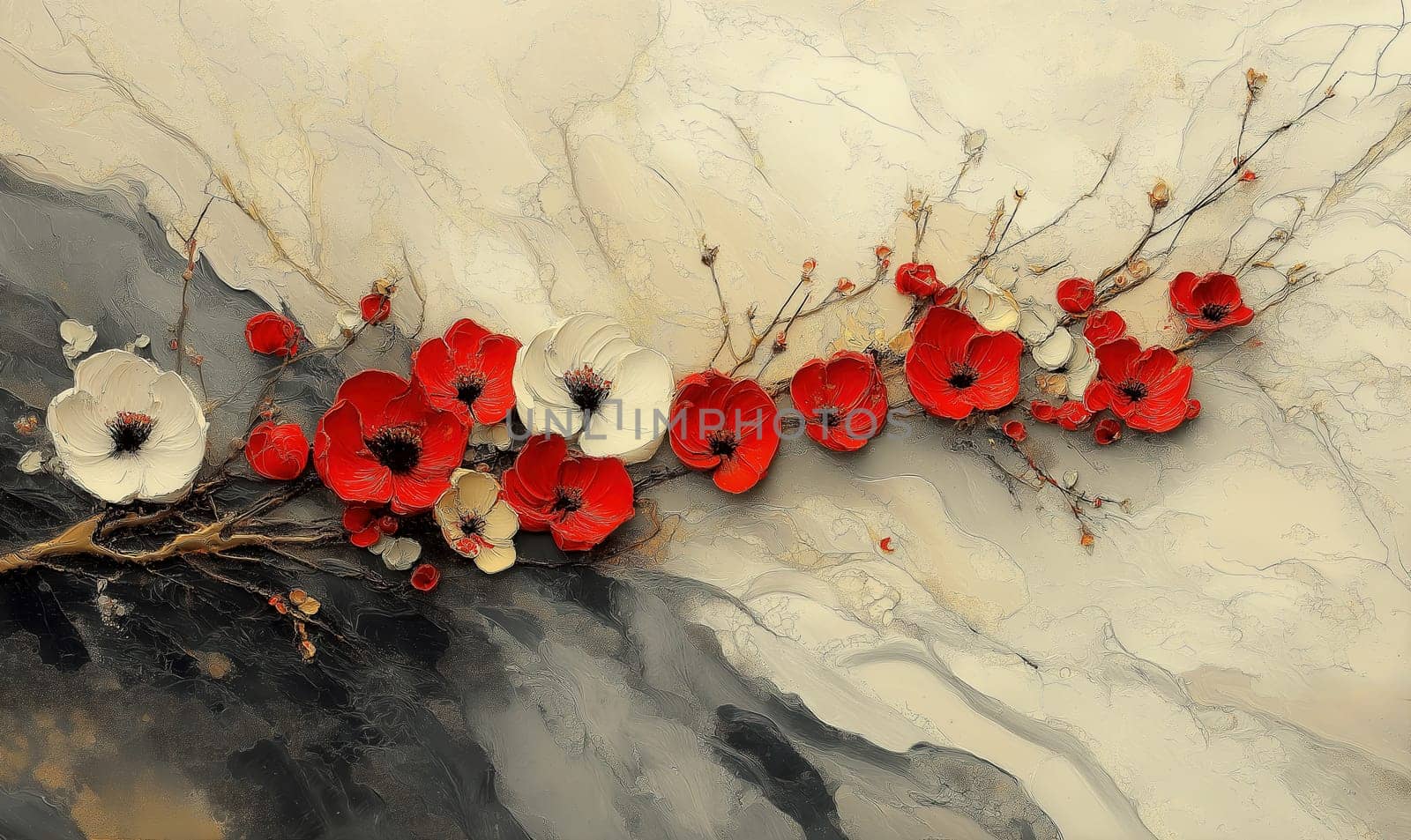 Abstract painting in white, red and gray tones, with flowers on textured background. Selective focus.