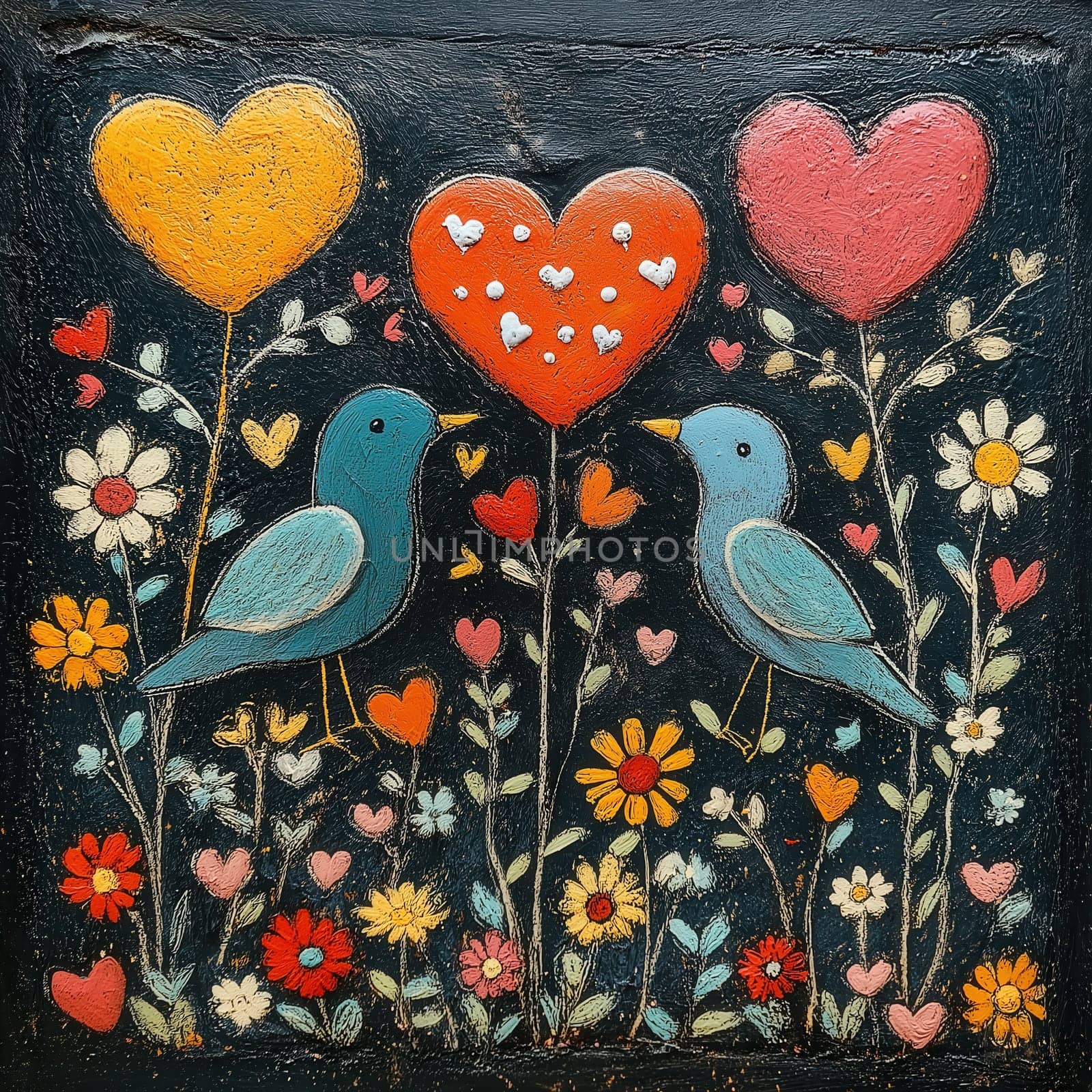 Black textured background with painted birds, flowers and hearts. Selective focus.
