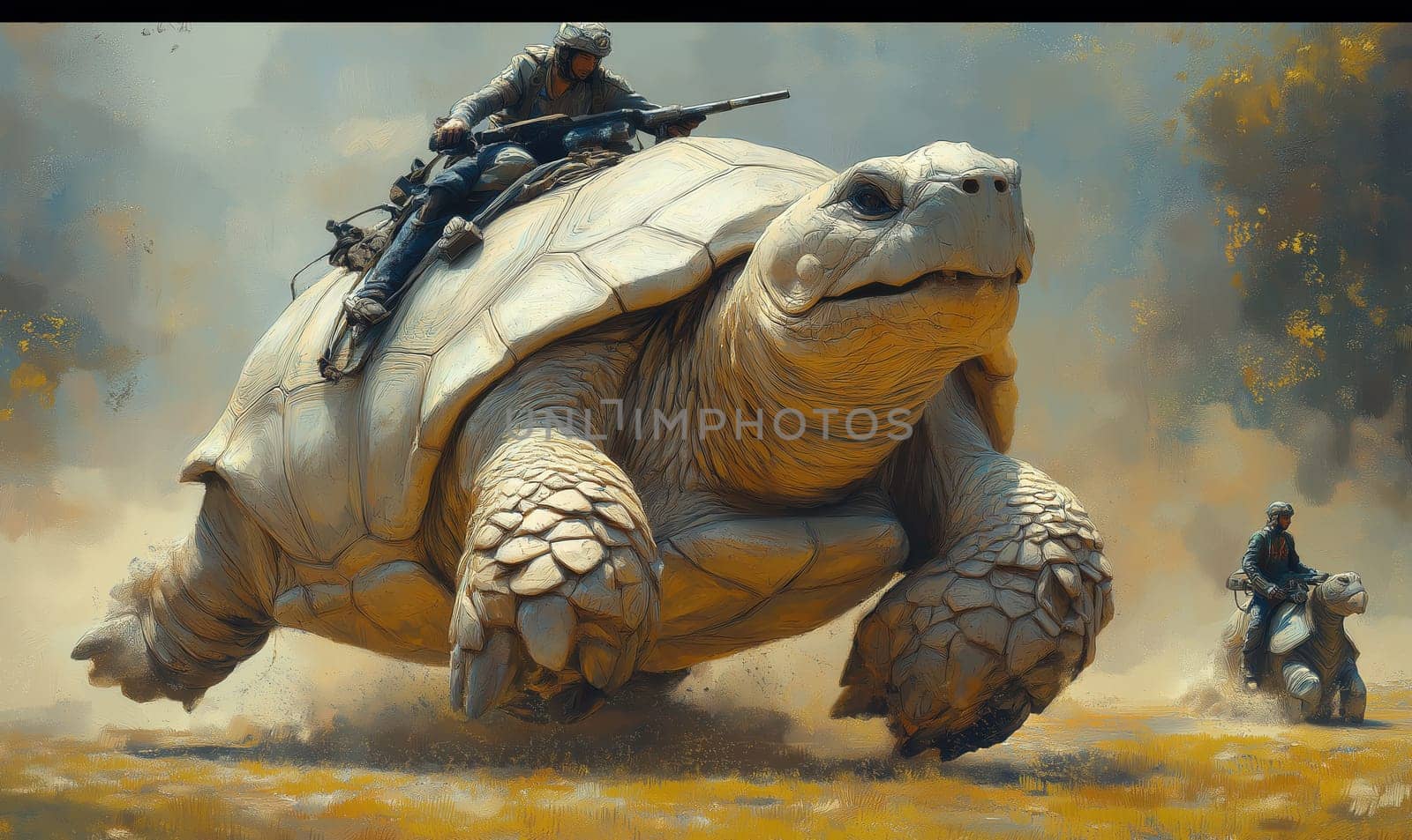Fantasy flying huge turtles with riders. Selective focus.