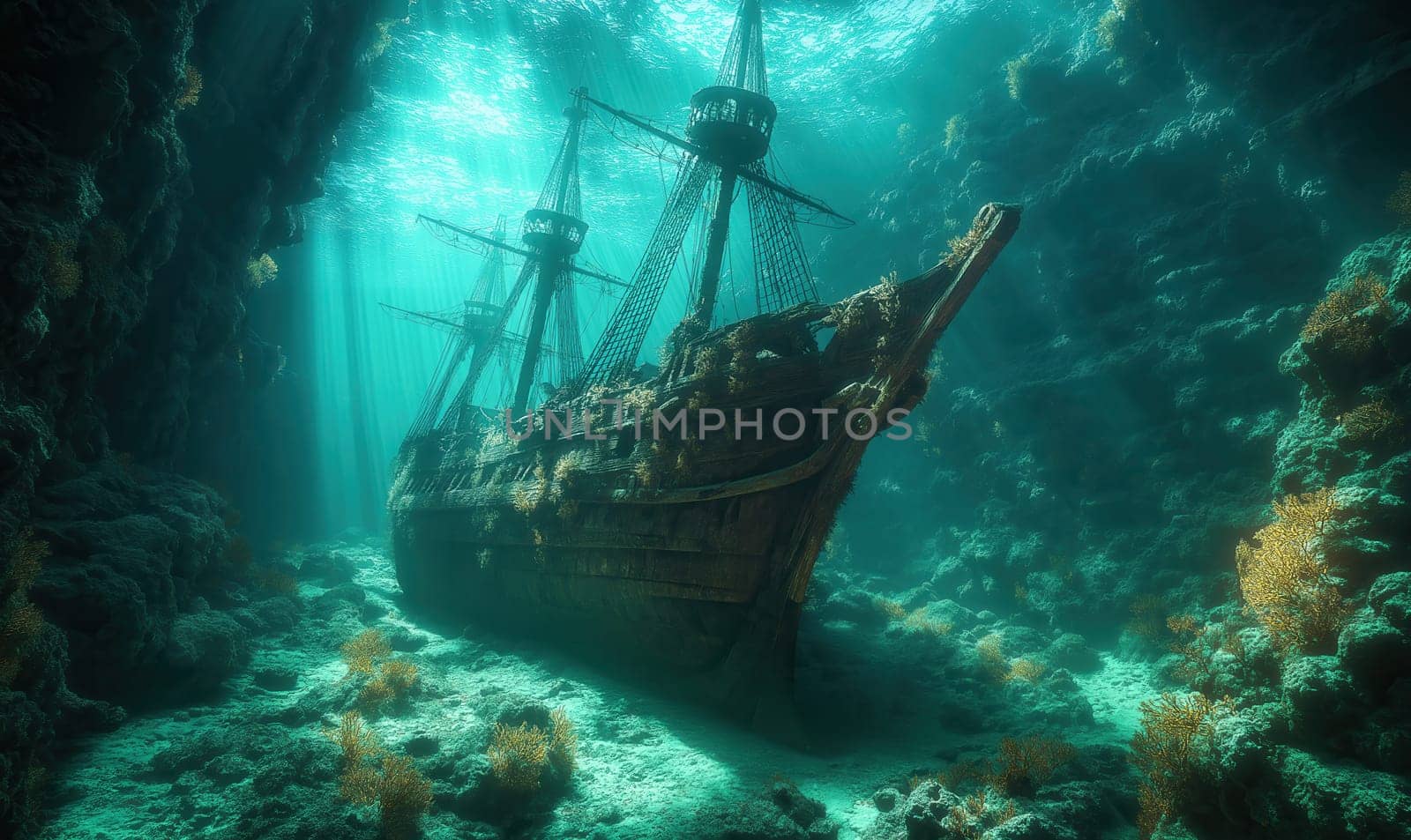 Illustration, a sunken sailing ship on the seabed. Selective focus.