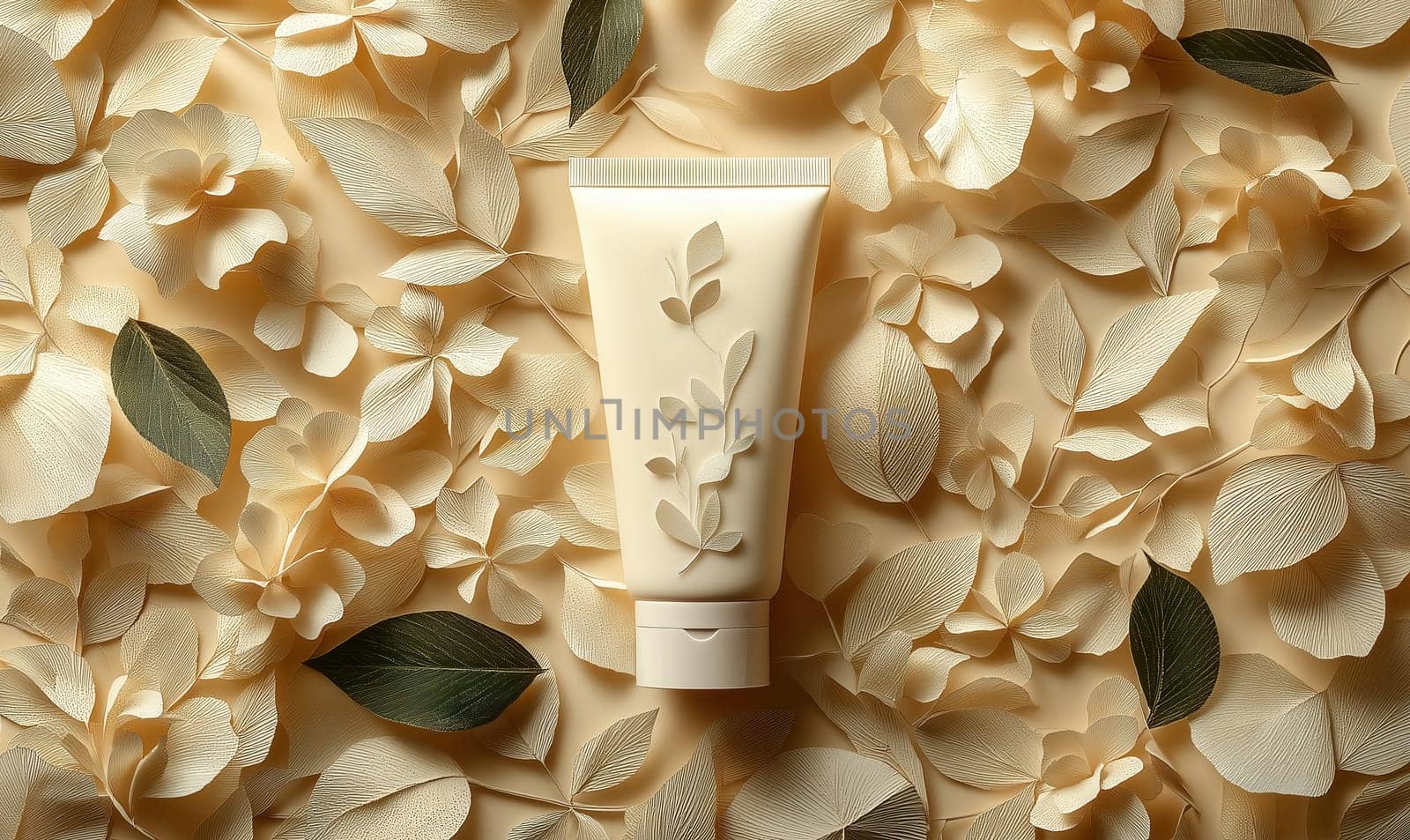 A tube of cream on a creative background, light on light. Selective focus.