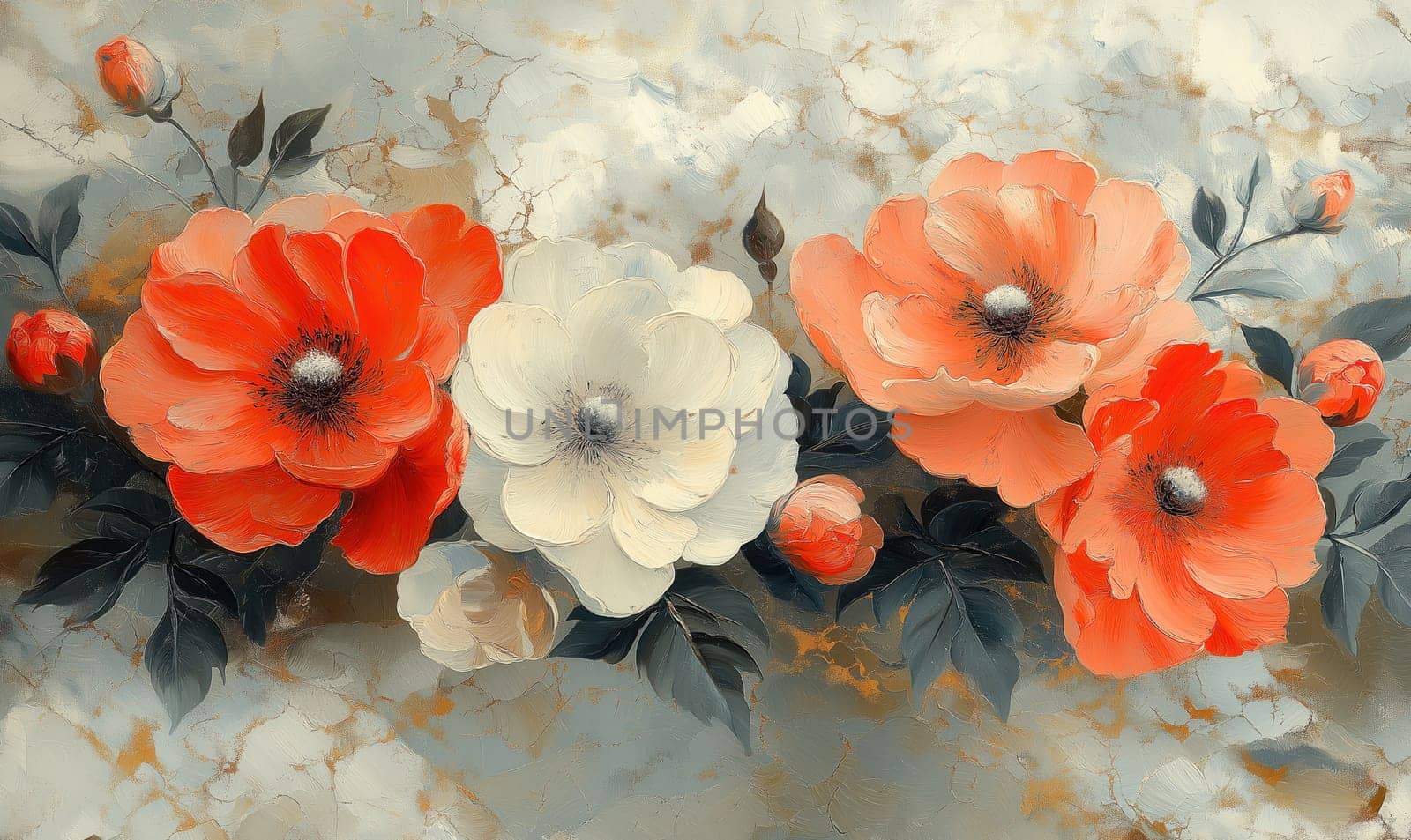Abstract painting in white, red and gray tones, with flowers on textured background. Selective focus.