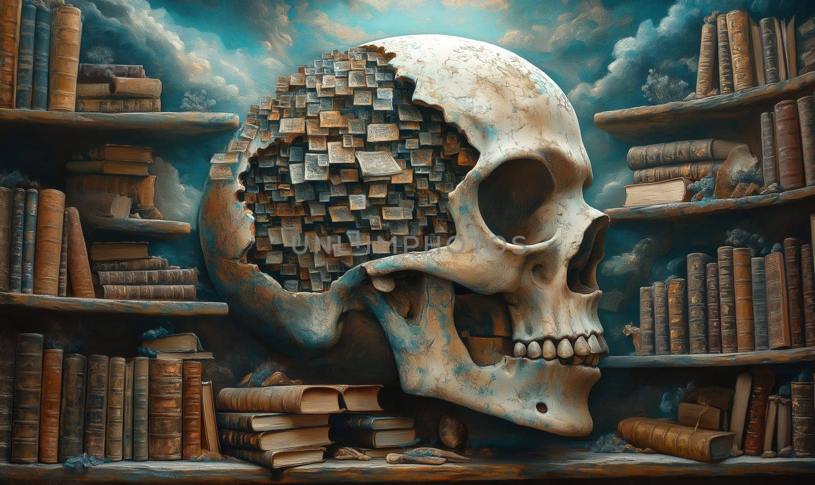 Abstract image, skulls on a background of books. Selective focus.