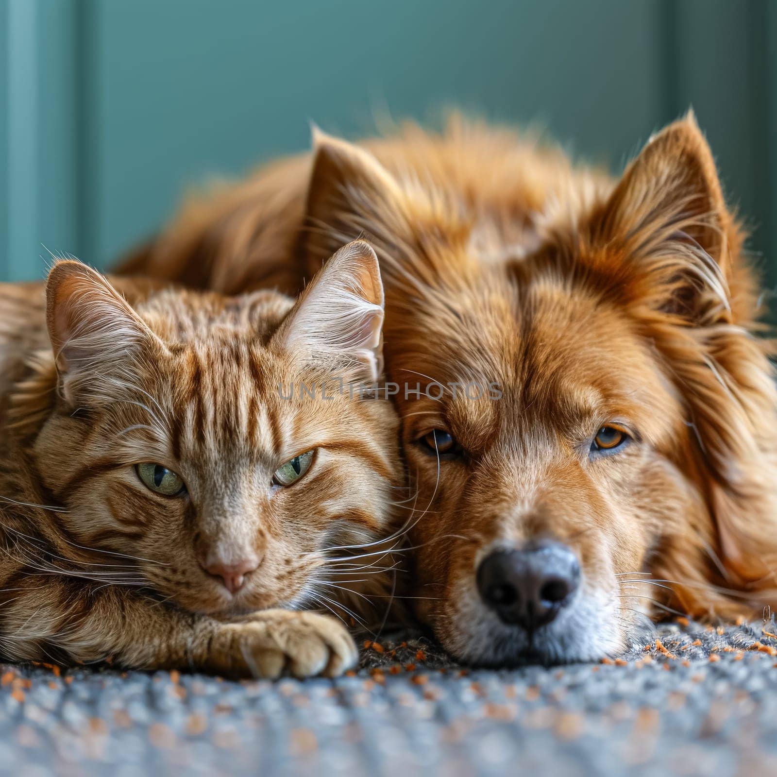 Cat and a dog are laying on a bed together. The cat is sleeping and the dog is looking at the camera