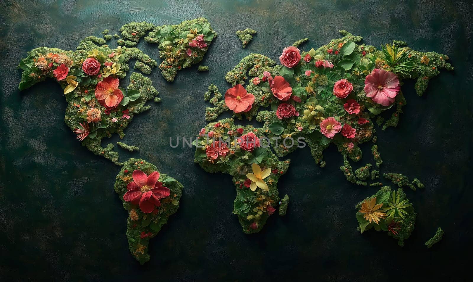 Creative design of a world map laid out of flowers, on a dark background. Selective focus.