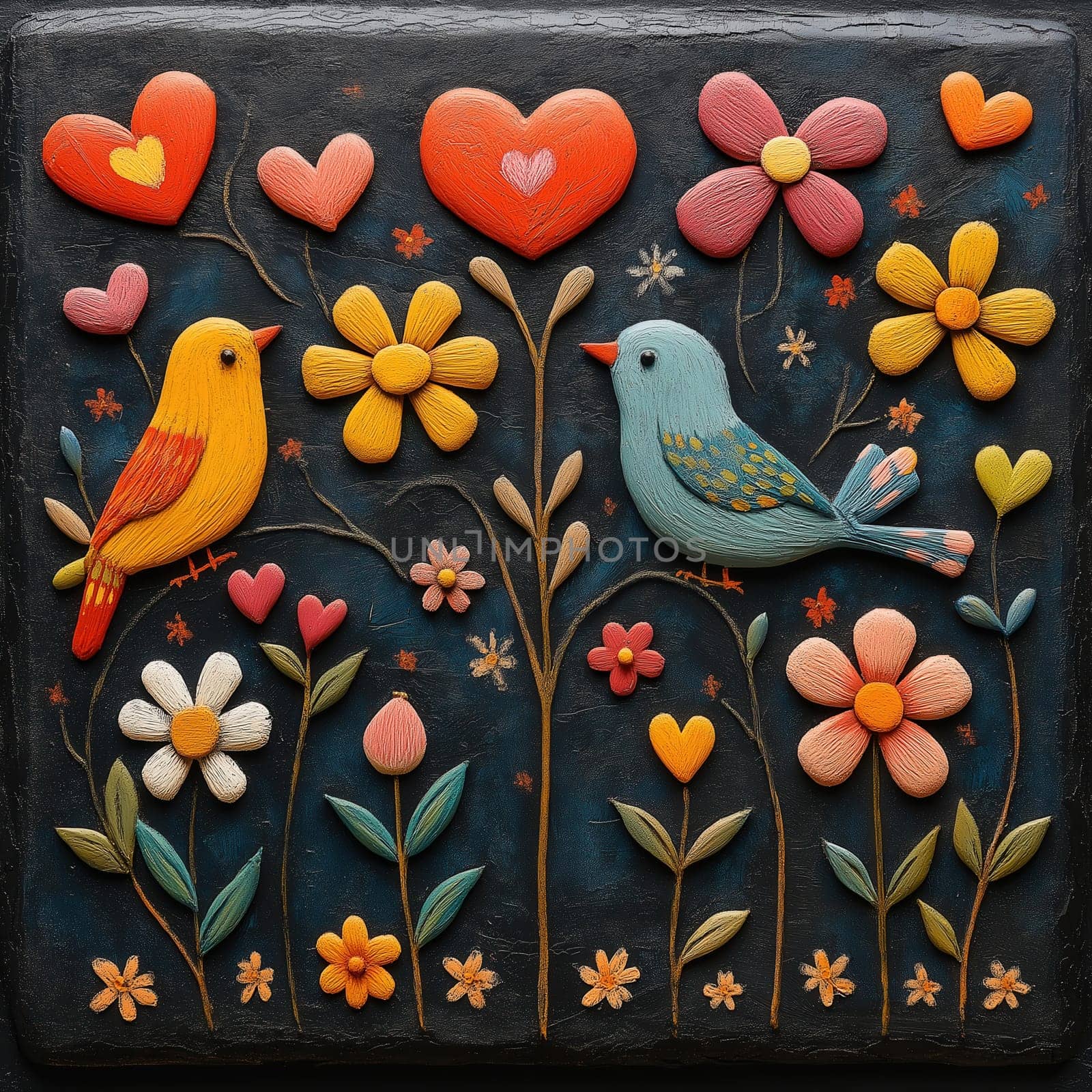 Black textured background with painted birds, flowers and hearts. Selective focus.