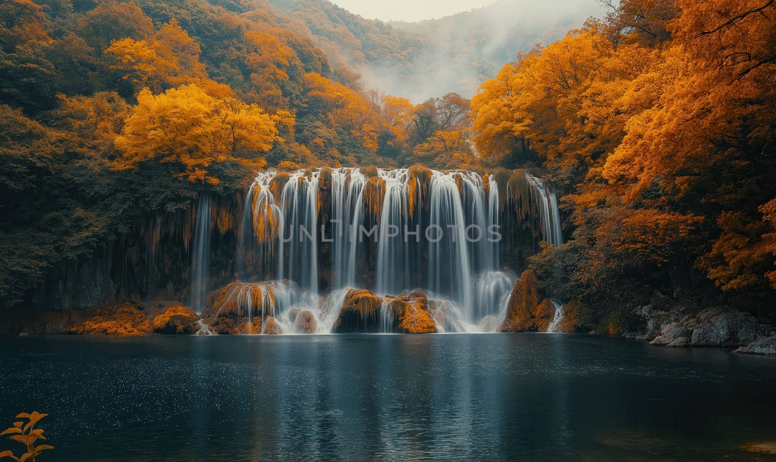 Natural landscape with a colorful autumn waterfall. Selective focus.