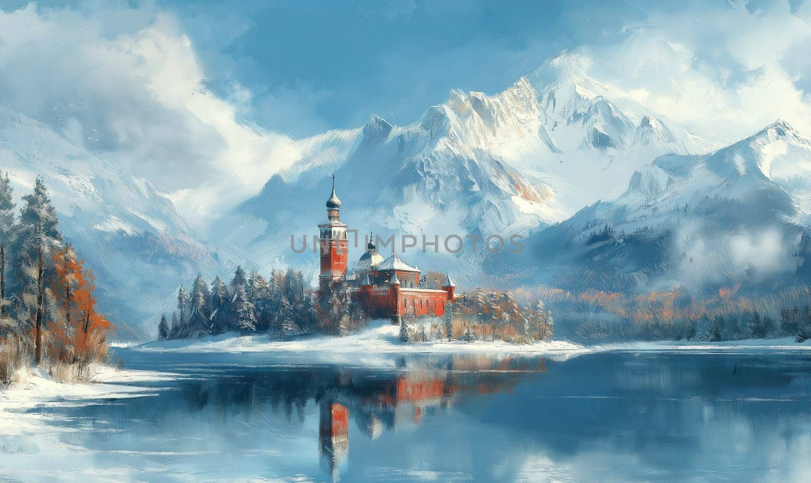 Winter castle standing on the shore of a reservoir against the backdrop of mountains. Selective focus.