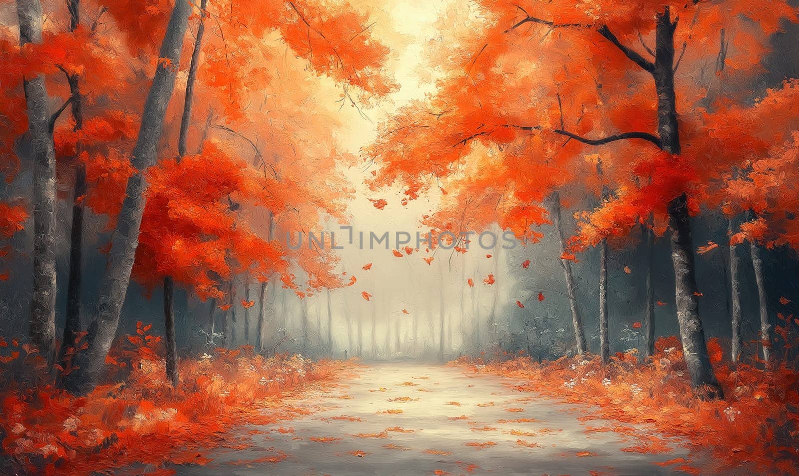 Calm landscape painting painted in autumn colors. Selective focus.