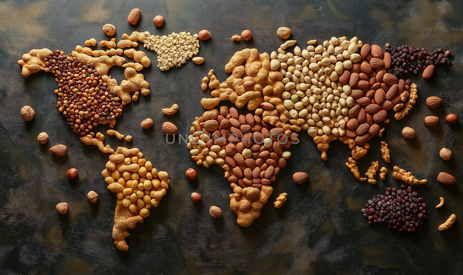 A world map laid out of nuts on a dark background. Selective focus.