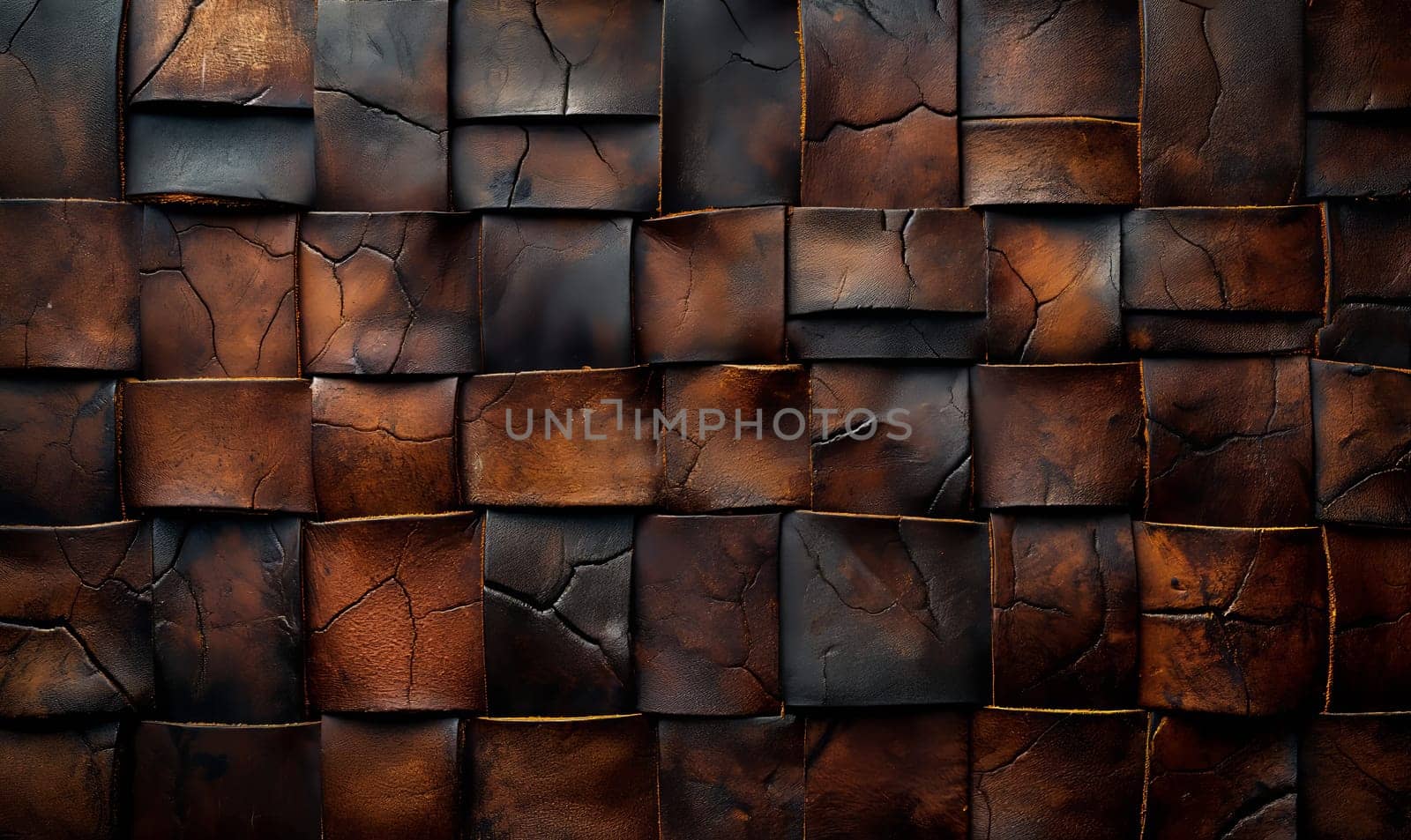Dark brown background with intertwined texture of leather stripes. Selective focus.