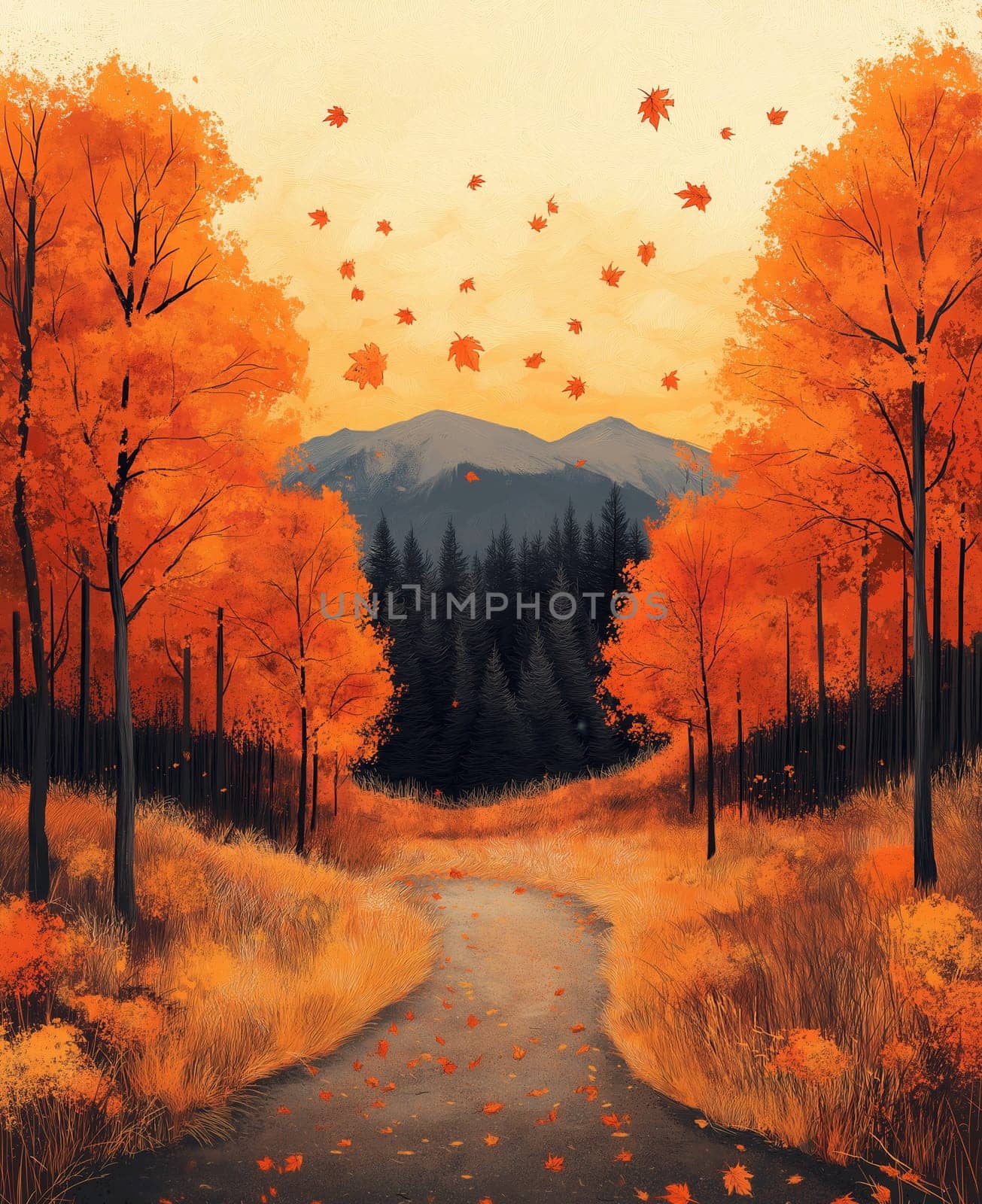 Calm landscape painting painted in autumn colors. Selective focus.