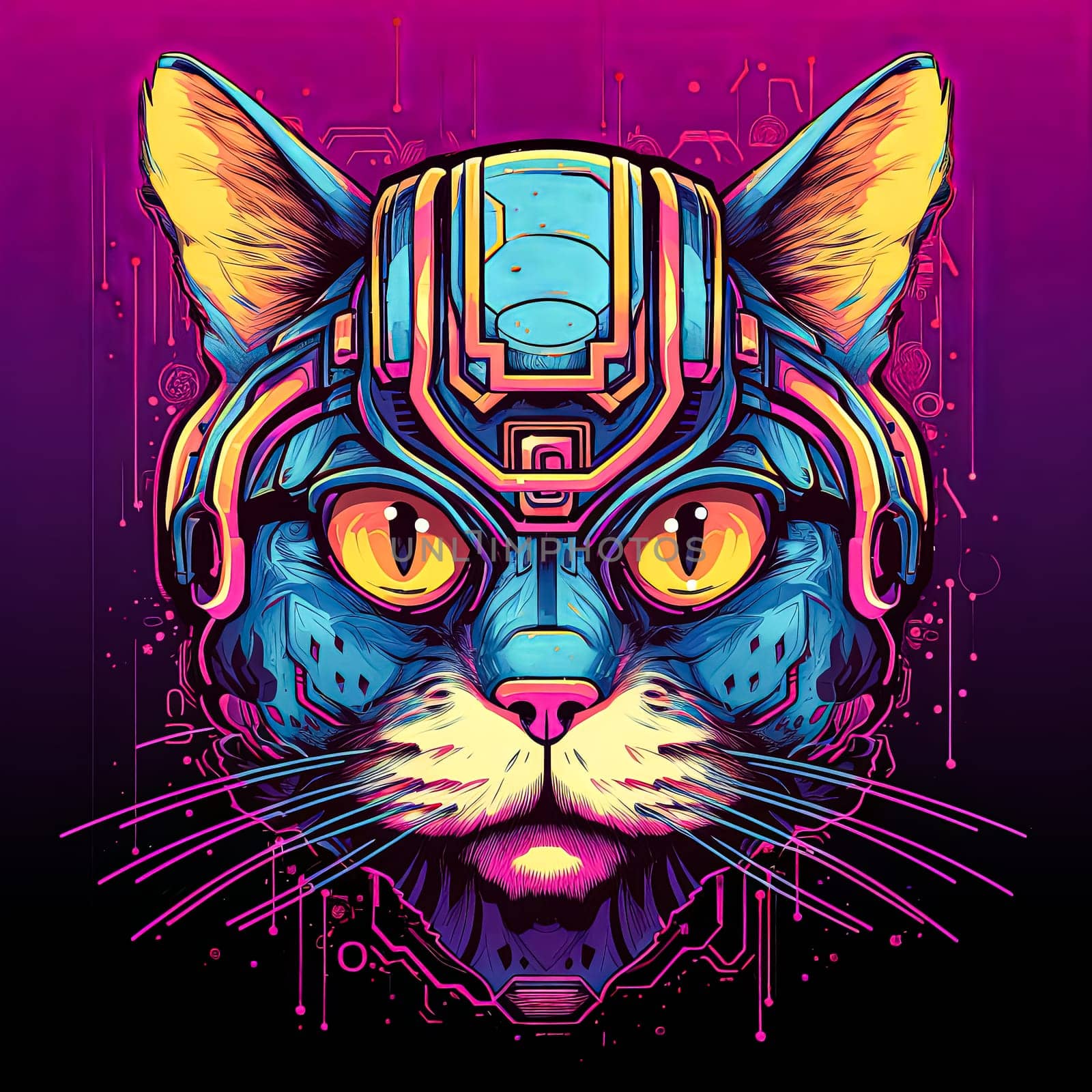 Cat with a blue helmet on its head. The cat is wearing goggles and has a yellow eye