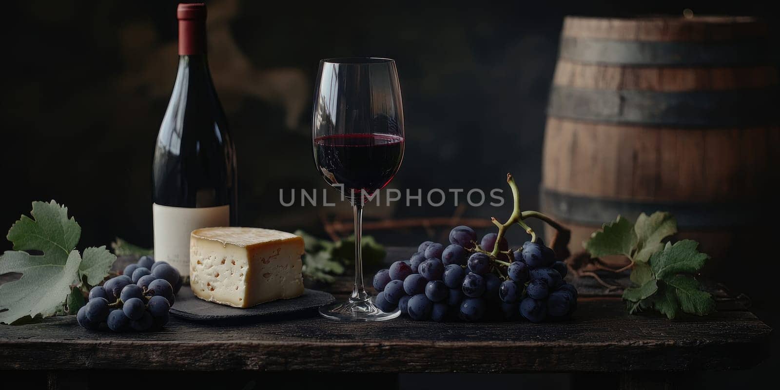 Rustic wine and cheese arrangement with grapes and barrel in a cozy setting.
